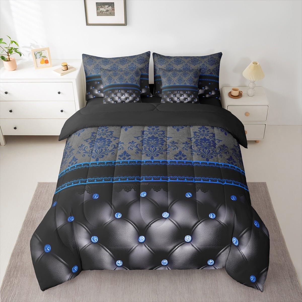 Blue Damask Bed in a Bag King Size Comforter Set 7-Piece,Luxury Black Diamond Texture Pattern Bohemian Bedding Sets Antique Decor Gothic Vintage Floral Comforter and Sheet Set, Boho Baroque Room Decor