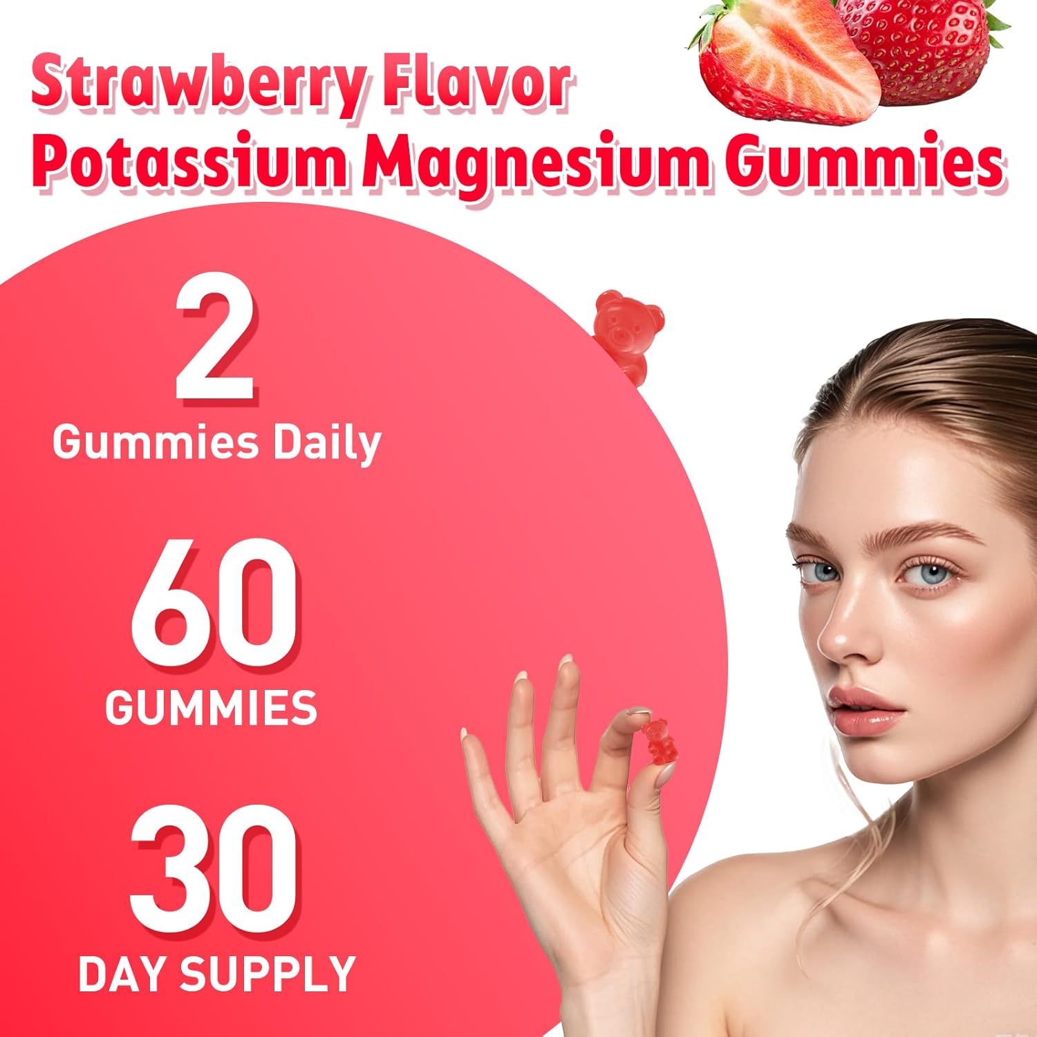 Potassium Magnesium Gummies for Men & Women, Potassium Magnesium Supplement for Leg Cramps, Muscle Health, & Electrolyte Balance, Strawberry Flavor, 60 Gummies - Image 8