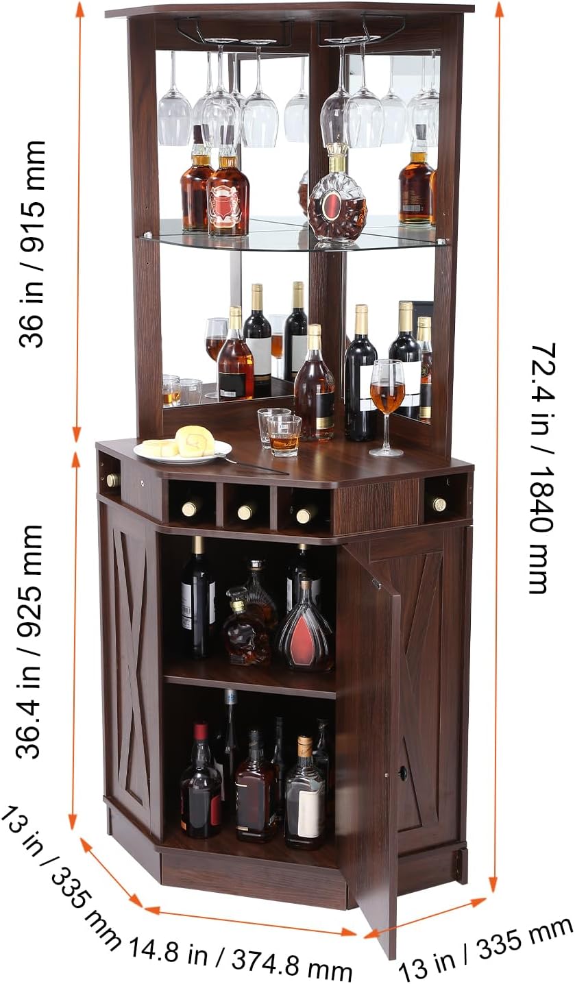 Happybuy Corner Industrial Bar Cabinet, Wine Table with Glass Holder, Farmhouse Style, Black Walnut