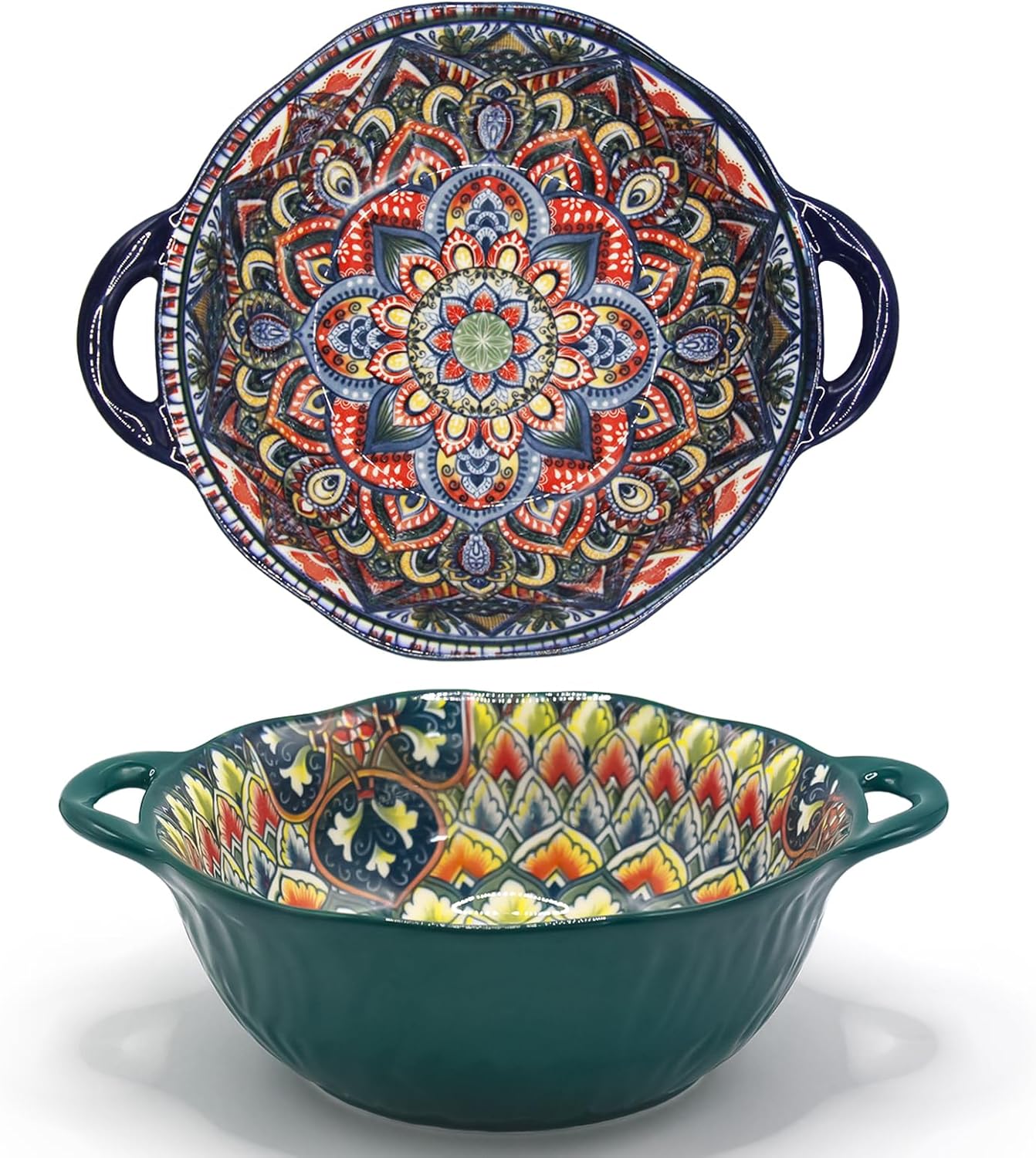 2Pack Bohemia Large Bowls with Handle, 40 oz Ceramic Soup Bowl for Salad, Pasta, Cereal,Fruit, Udon, Microwave & Dishwasher Safe(blue.green)