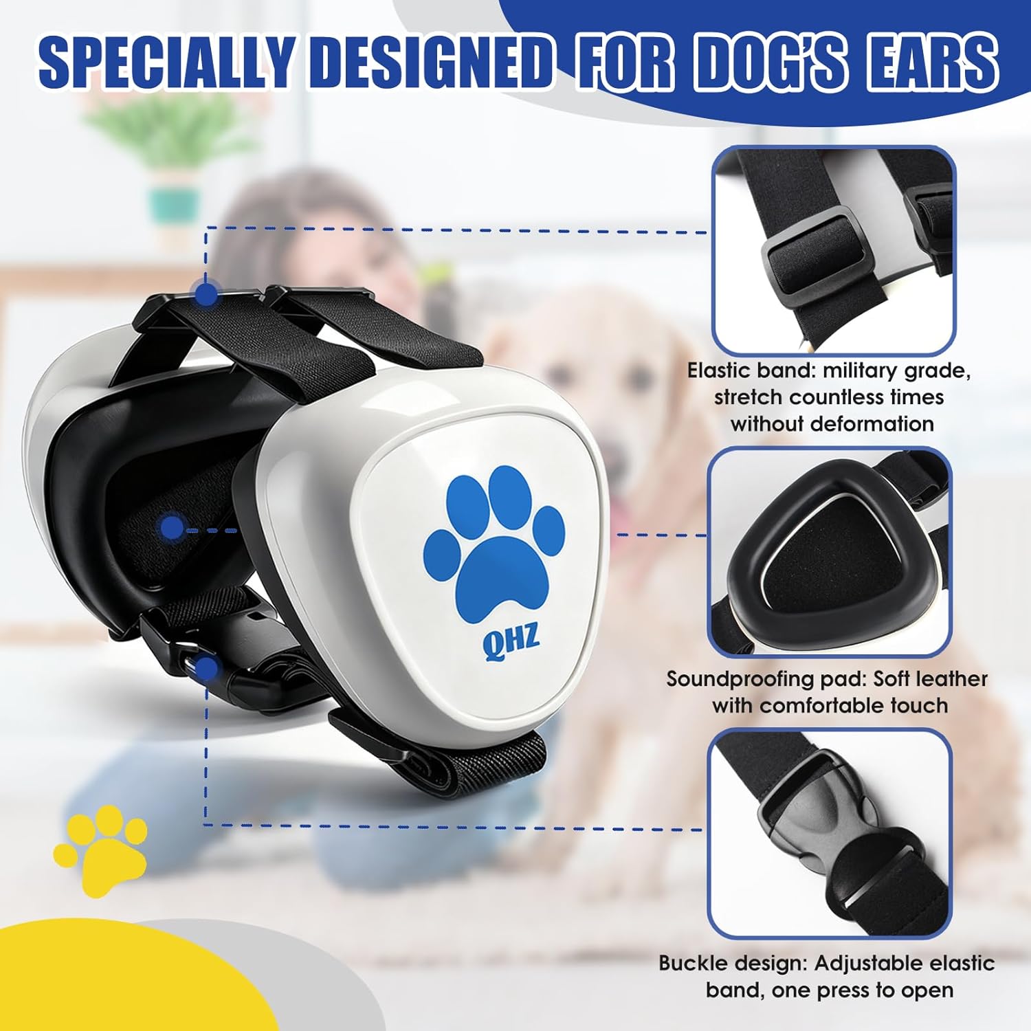 QHZ The dog ear muffs are noise-reducing, adjustable and breathable, suitable for fireworks, aircraft noise and other noisy environments, alleviating the dog's anxiety (M)