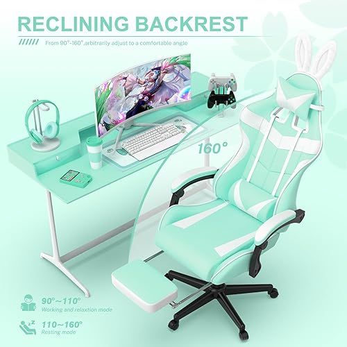 Miniatura 13 de Soontrans Silla de juegos azul claro con reposapiés, bonita silla de videojuegos de conejo, silla de escritorio Kawaii para nieta, hermana, novia,