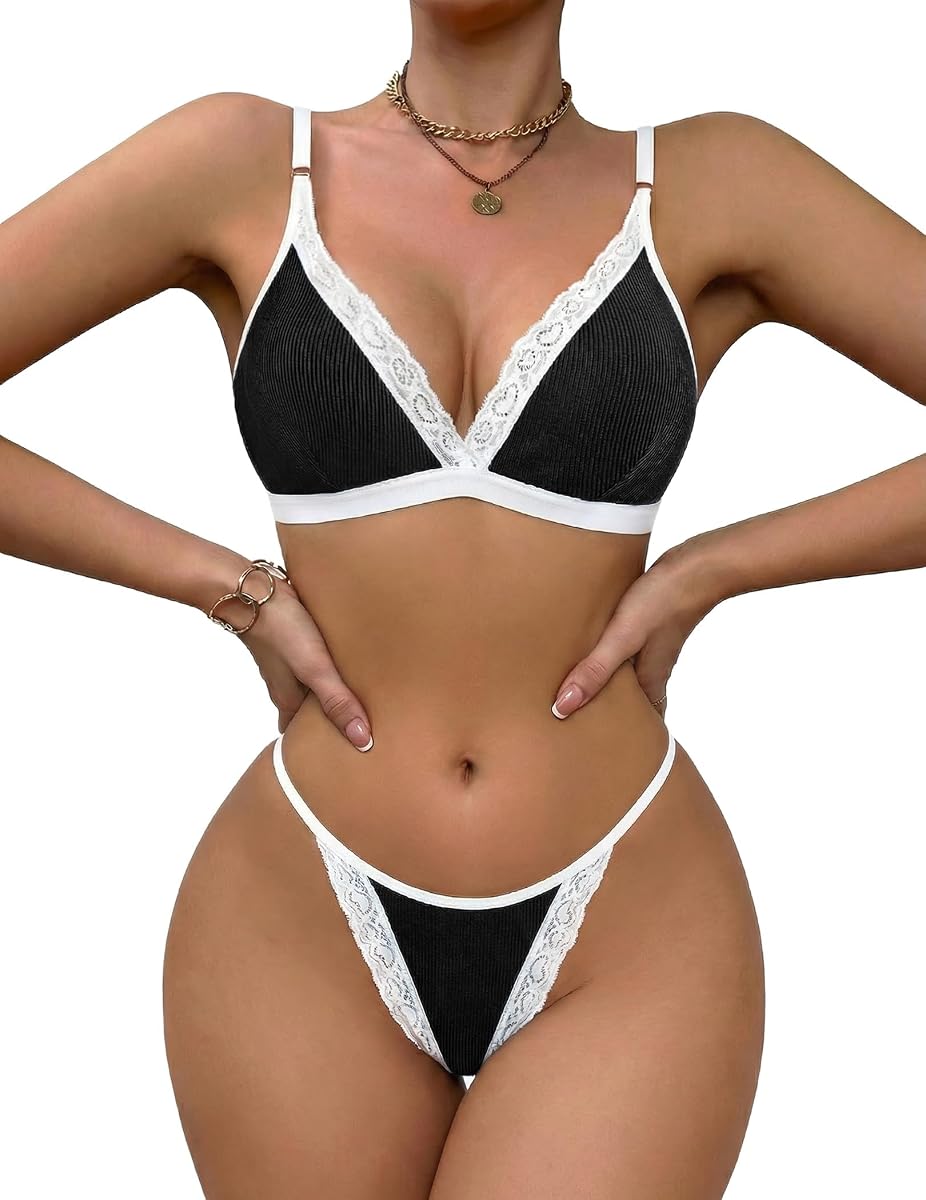 Avidlove Conjuntos de lencería para mujer sexy sujetador acanalado y pany conjunto con ribete de encaje 2 piezas bralettes trajes de lencería
