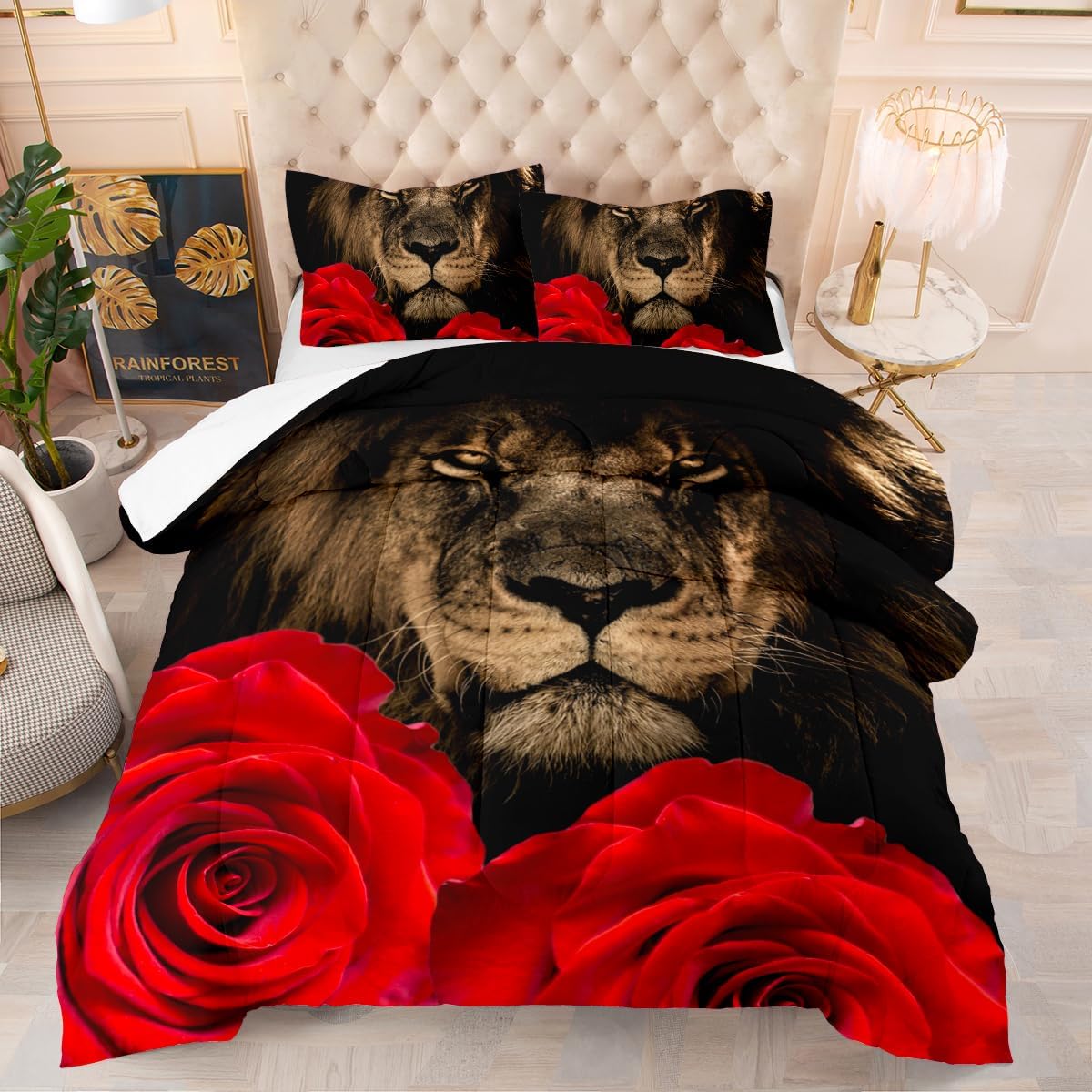 Lion Rose Comforter Set Full Size, Wild Animals Comforter Bedding Set for Kids Girls Women, Romantic Floral Wildlife Print Comforter with 2 Pillowcases, 3Pcs Kids Bedroom Decor Bed Set