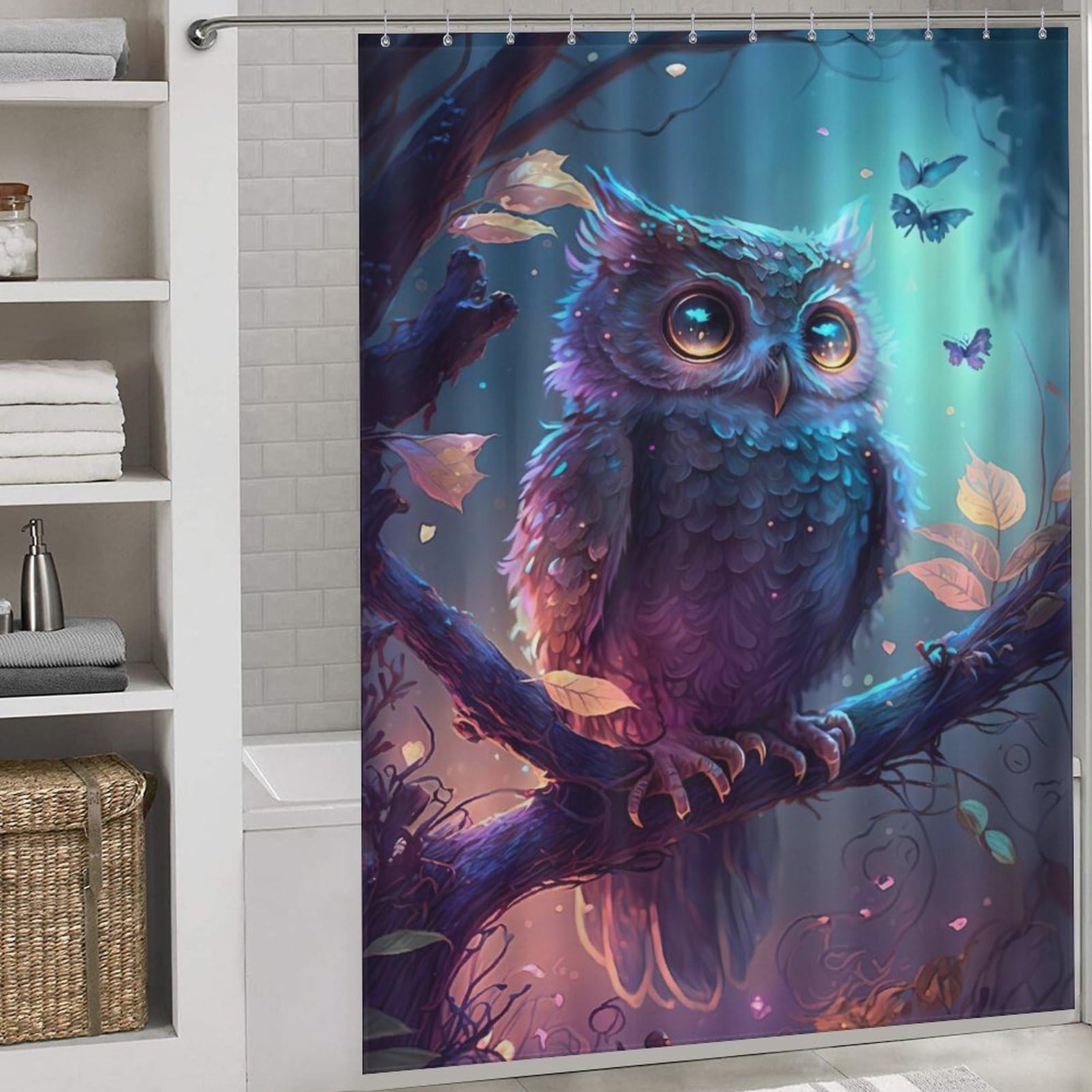 Rideau de douche hibou en polyester lavable et imperméable pour baignoire 168x183cm