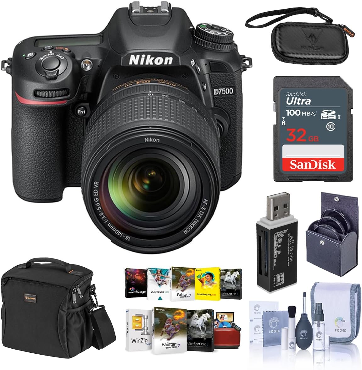 Nikon D7500 DSLR with AF-S DX NIKKOR 18-140mm f/3.5-5.6G ED VR Lens - Bundle With 16GB SDHC Card, Camera Bag, Cleaning KIt, Memory Wallet, Card Reader, PC Software Package, 67mm UV Filter