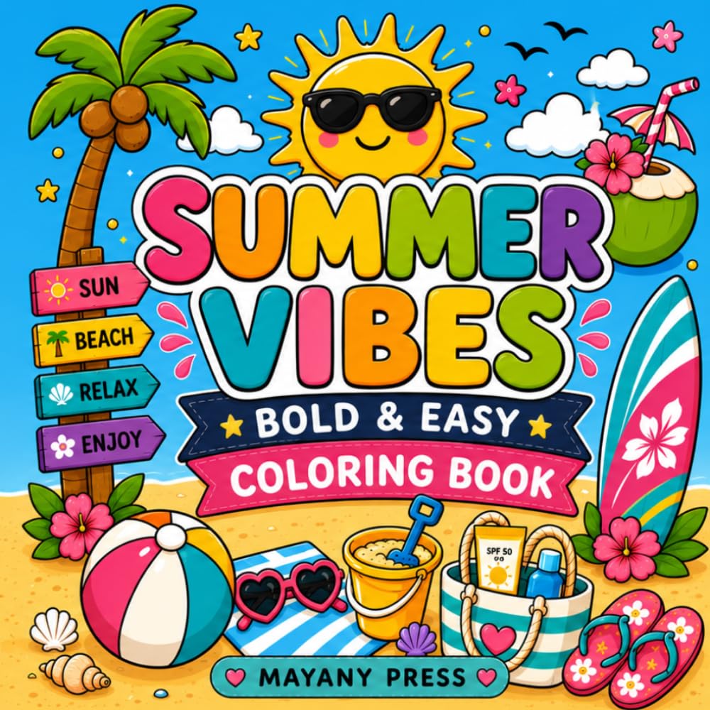 Summer Vibes Bold & Easy Coloring Book: Cute Summer Adventures, Beach Fun & Ocean Friends to Color