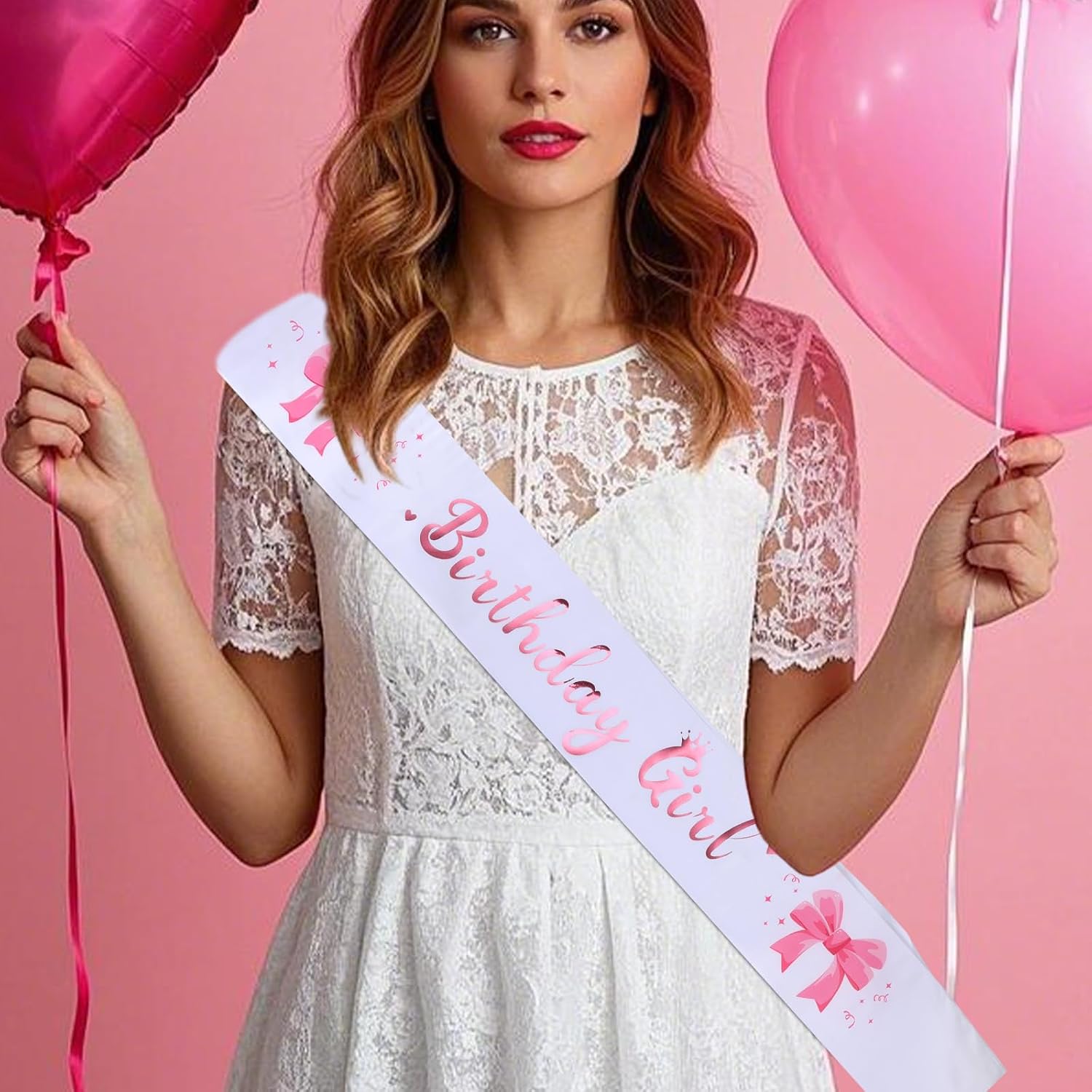 BOXOB Hot Pink Bow Birthday Girl Sash, Satin Cowgirl Sash for Women & Girls, Sweet Princess Queen Birthday Sash for Any Birthday Decorations Party Favors Supplies Accessories (Hot Pink, White)