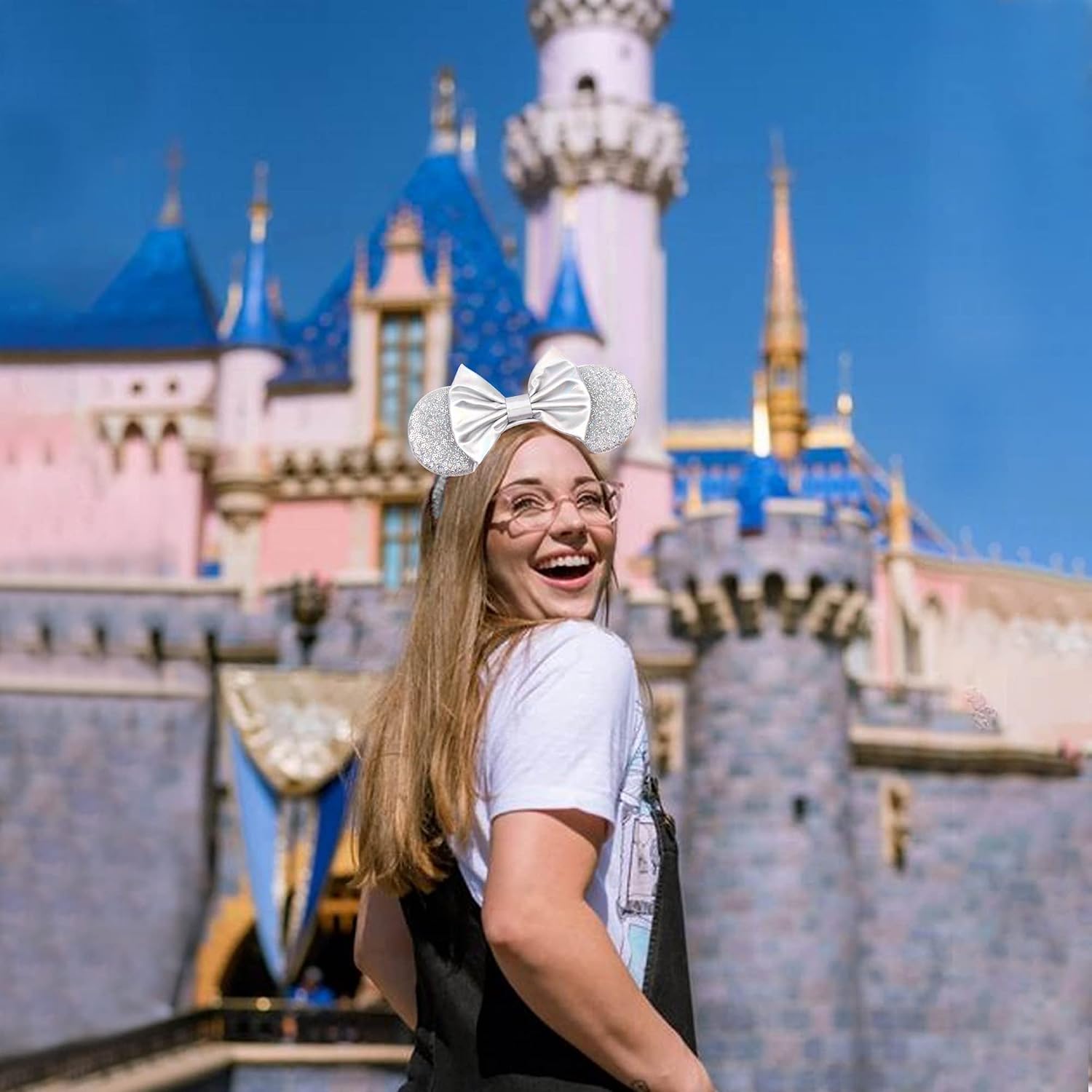 Silver Glitter Mouse Ears Headband - Princess Ears with Hair Accessories for Women, Girls and Kids