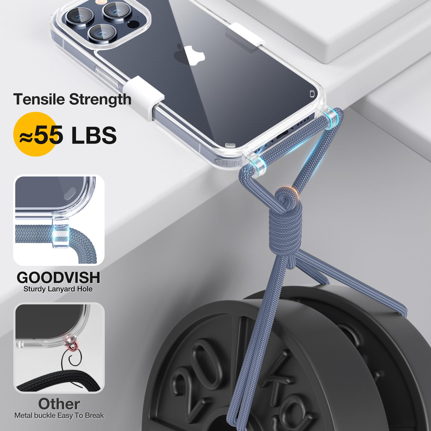 GOODVISH Cover Compatibile con iPhone 15 Pro Max Trasparente con Cordino, Custodia con Regolabile Collana per iPhone 15 Pro Max 6.7'', [Antiurto] [AntiGraffio] Case con Laccio Tracolla, Blu