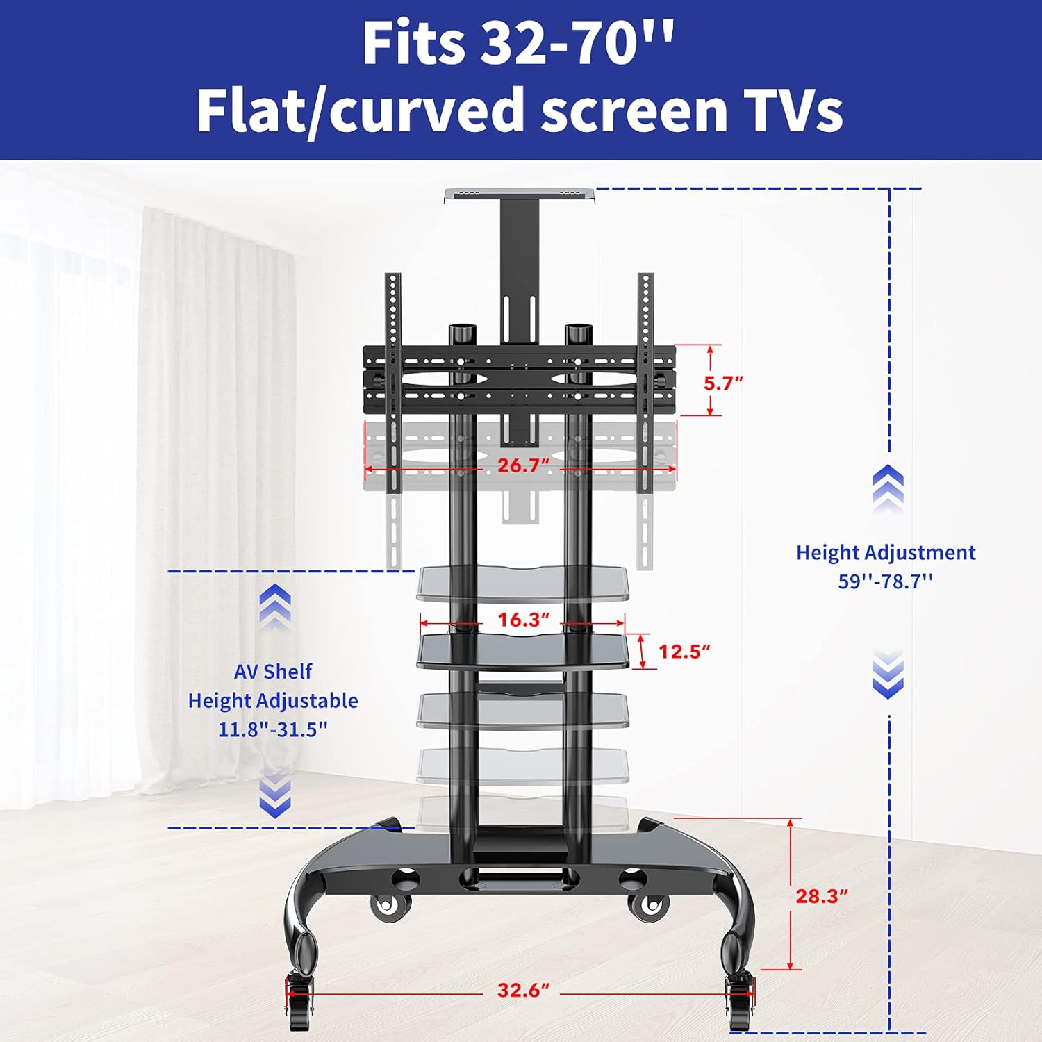 Mobile/Rolling TV Cart with Wheels for 32-70 Inch LCD LED Flat/Curved Screen TVs, UL Certificated Outdoor/Floor TV Stand, Height Adjustable TV Trolley with Shelf Up to 132 lbs Max VESA 600x400mm-TC005 : Office Products