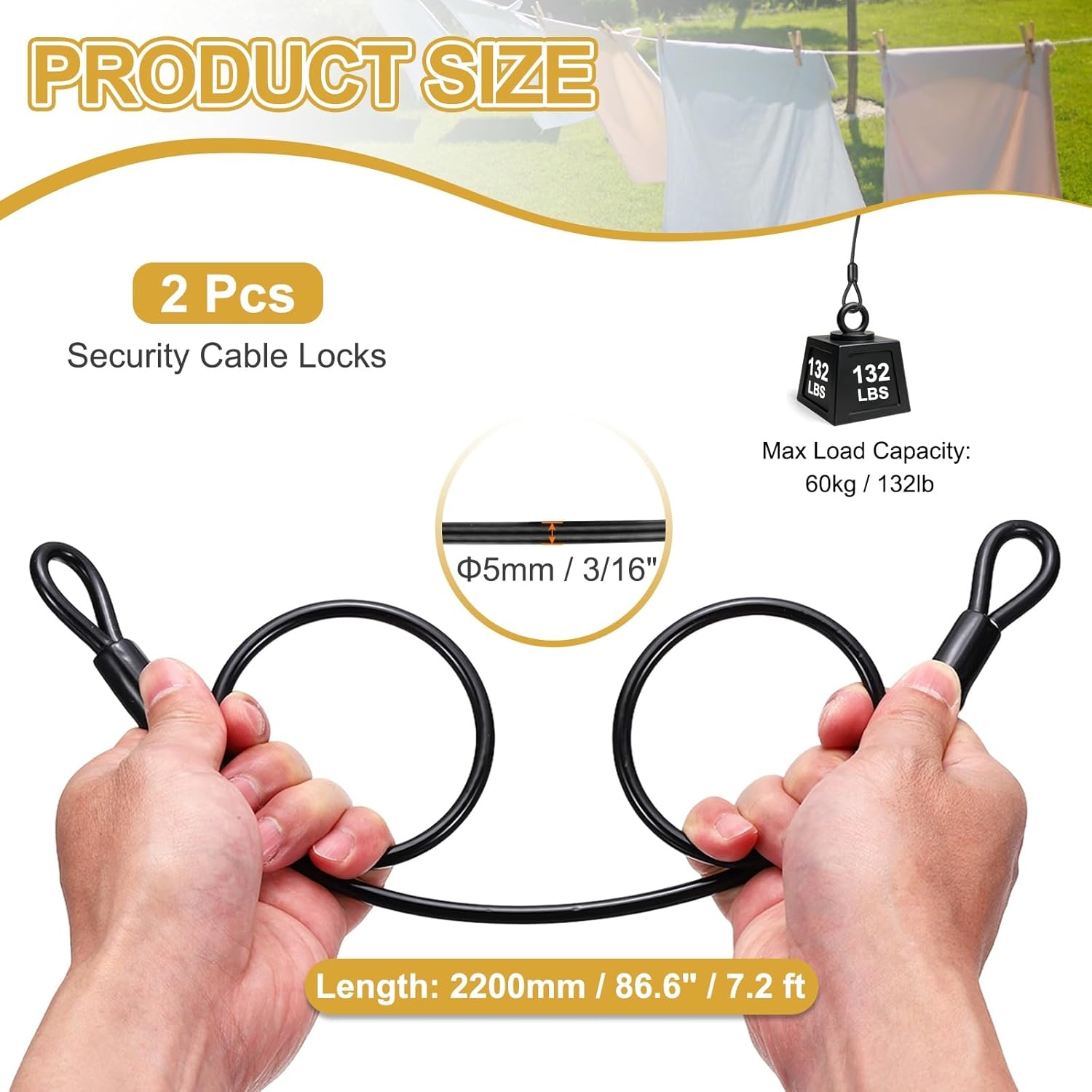 PATIKIL Security Cable Lock (3/16" Dia 7.2ft 132lb Load Capacity, Black) (2 Pcs) Vinyl Coated Stainless Steel Double Loops Flexible Wire Rope Safety Cable Luggage Lock Suit for - Outdoor