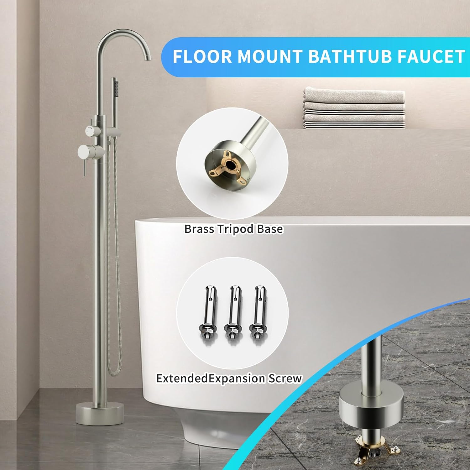 Freestanding Tub Filler Brushed Nickel Floor Mount Bathtub Faucet Bathroom,Rough-in Valve 2 Function Handshower for Tub Rinsing Bathing,Anti-Wobble Base,Cylinder Handheld