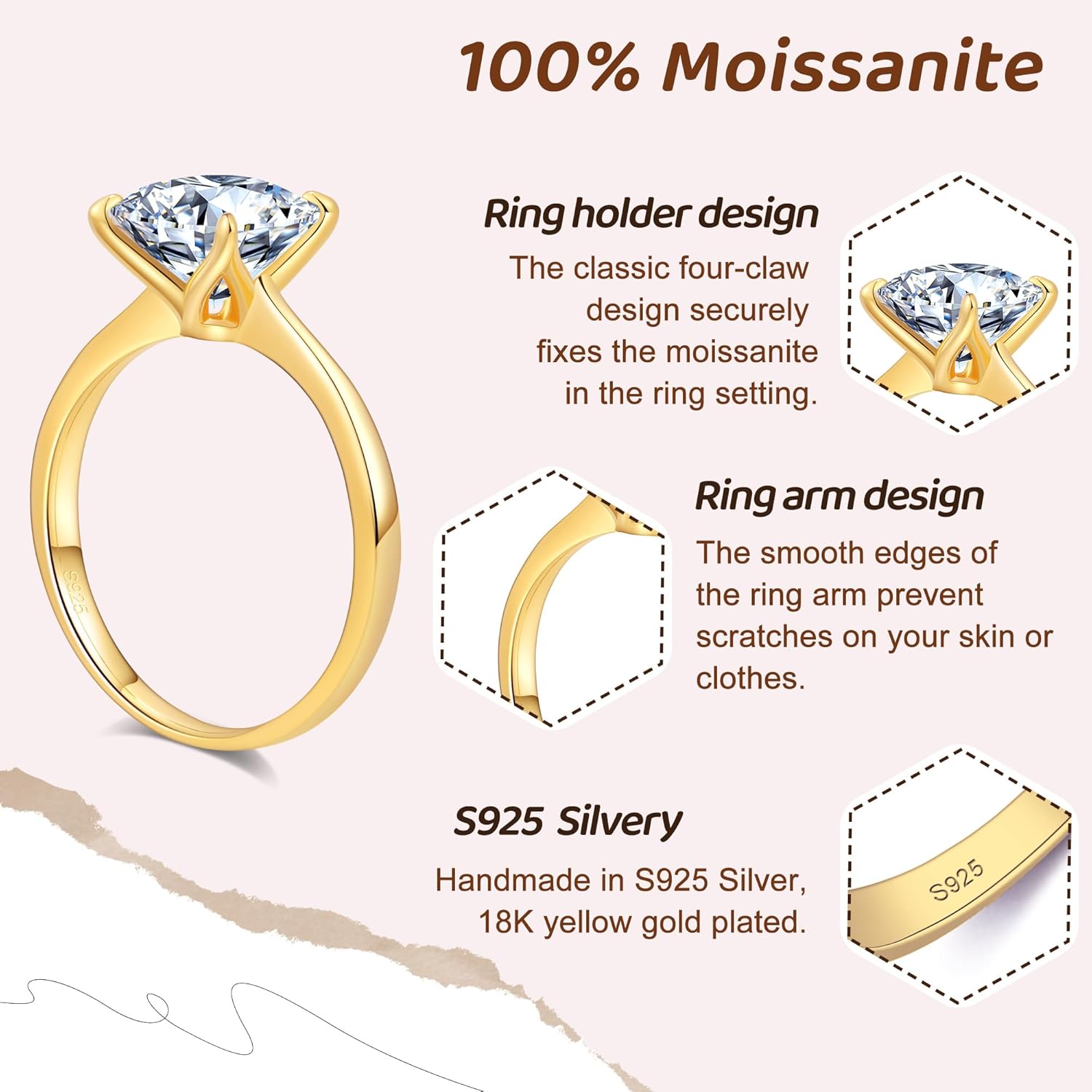 Aurora & Fiori 1/2/3/4 CT Round Moissanite Engagement Ring for Women, D Color VVS1 Solitaire Moissanite Ring S925 Sterling Silver with 18K Yellow/White Gold Plated - Image 3