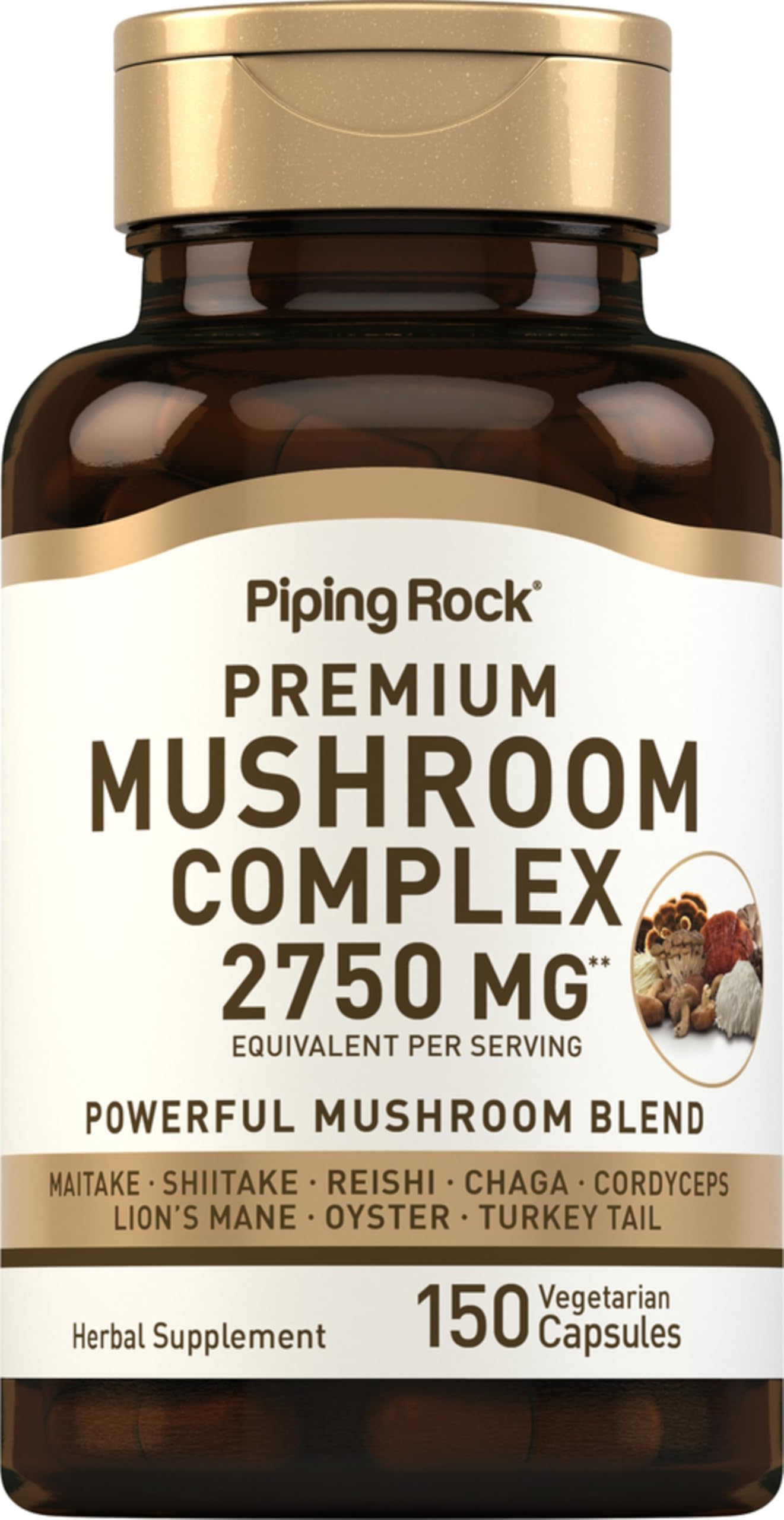 Piping Rock Mushroom Complex Capsules | 150 Pills | Herbal Extract Supplement | 8 in 1 Blend with Lion's Mane, Reishi, Shiitake, Maitake | Non-GMO, Gluten-Free, Vegetarian
