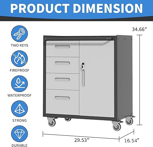Vista 74 de Armario de almacenamiento de metal con estantes ajustables, armario de herramientas de garaje con 2 puertas con cerradura para oficina, hogar