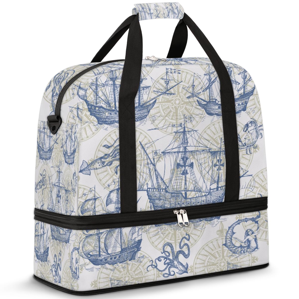 Old Sailboat Monster Maps - Bolsa de viaje plegable de 47 L, bolsa de fin de semana con funda de carrito para hombro, bolsa de hombro separada para deportes, gimnasio, viajes, multicolor, 47L, Bolsa