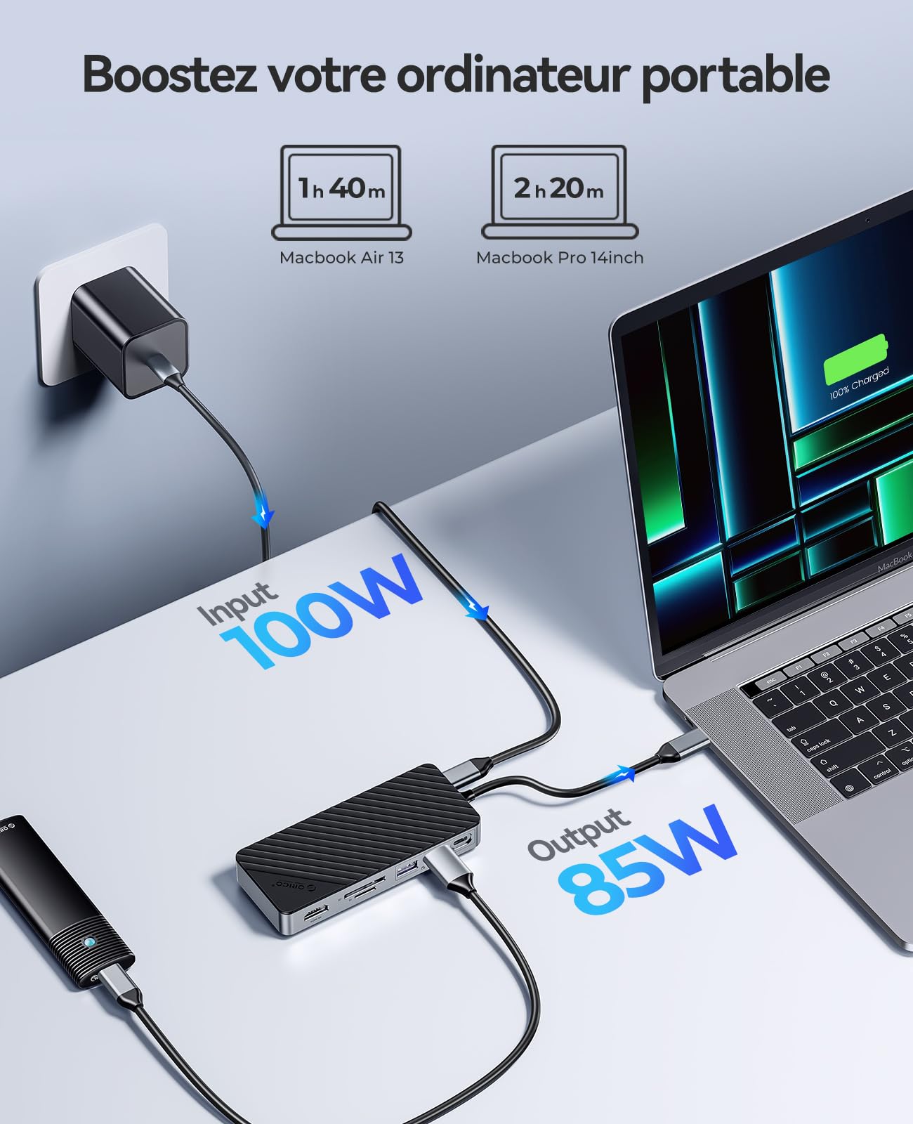 ORICO 8-en-1 Station d'accueil USB C avec Boîtier SSD M.2, Hub USB C avec SSD M.2 NVMe/SATA, Adaptateur Multiports USB 10Gbps, HDMI 4K@60Hz, 100W PD, SD/TF, Docking Station - OM28P