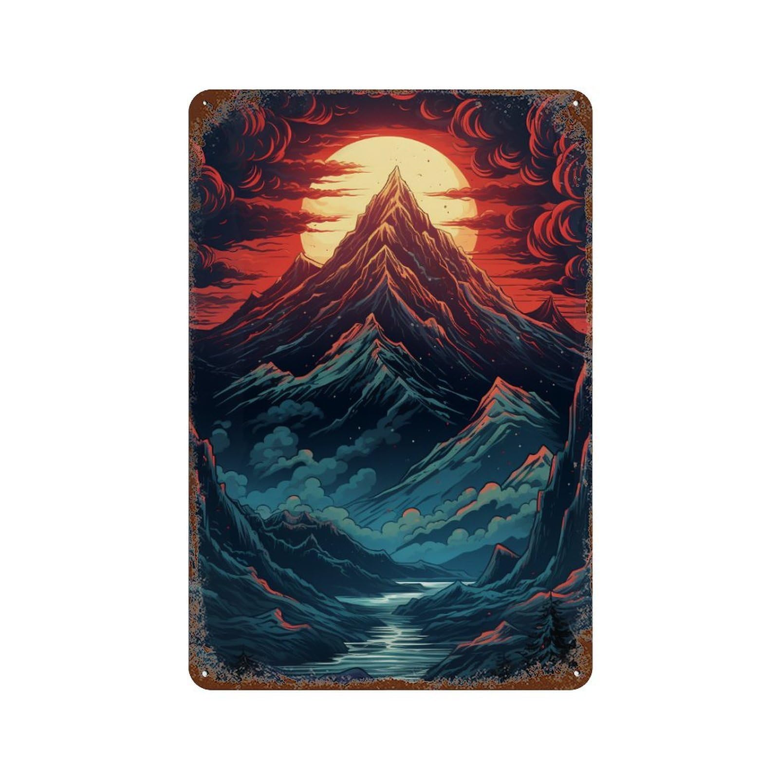 Weathered Tin Sign Mountain Sunset Landscape 11.8"x7.9", Rustic Home Decor for Basement, Hobby Room And Garage Decor
