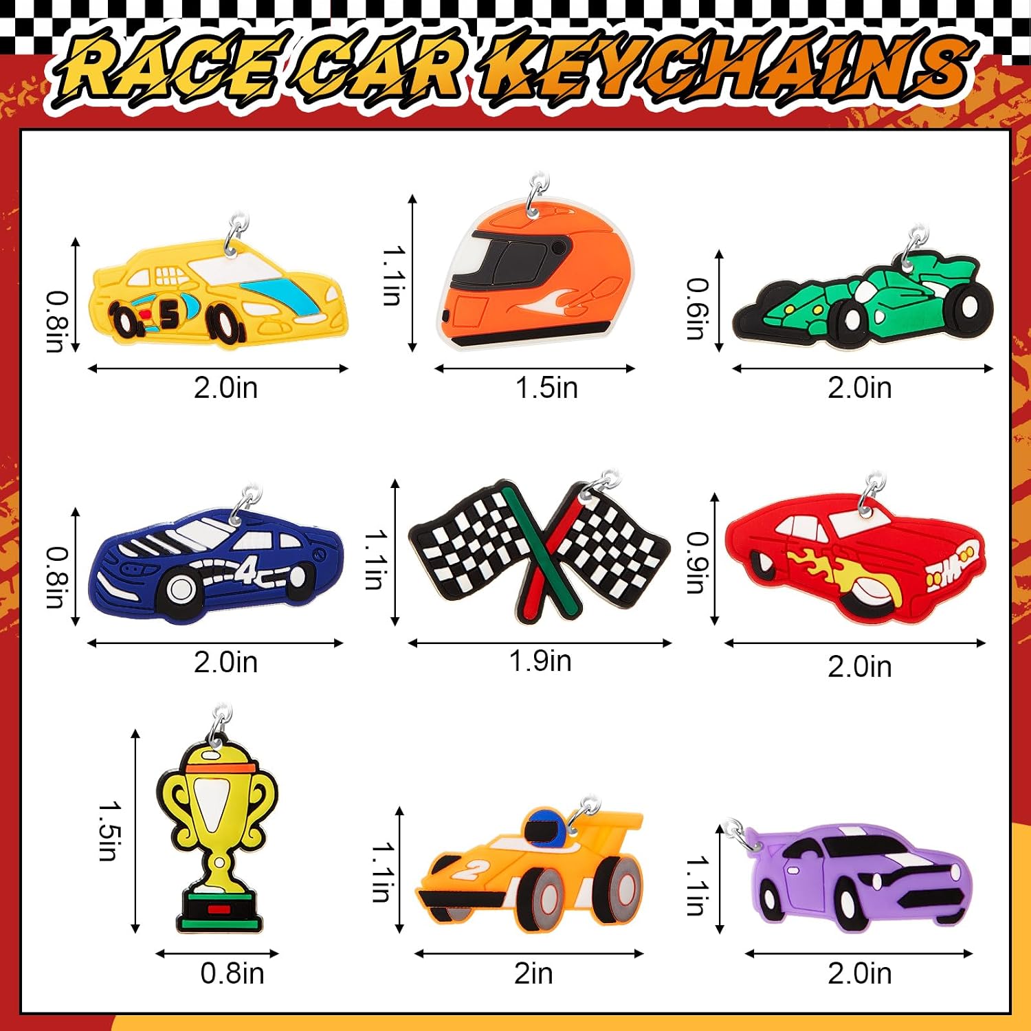 Sasylvia 36 Pcs Race Car Party Favors Racing Car Keychains Bulk Birthday Party Decorations Trophy Helmet Checkered Flag Keychains Summer Gifts for Women Men Charm Accessories, 9 Styles