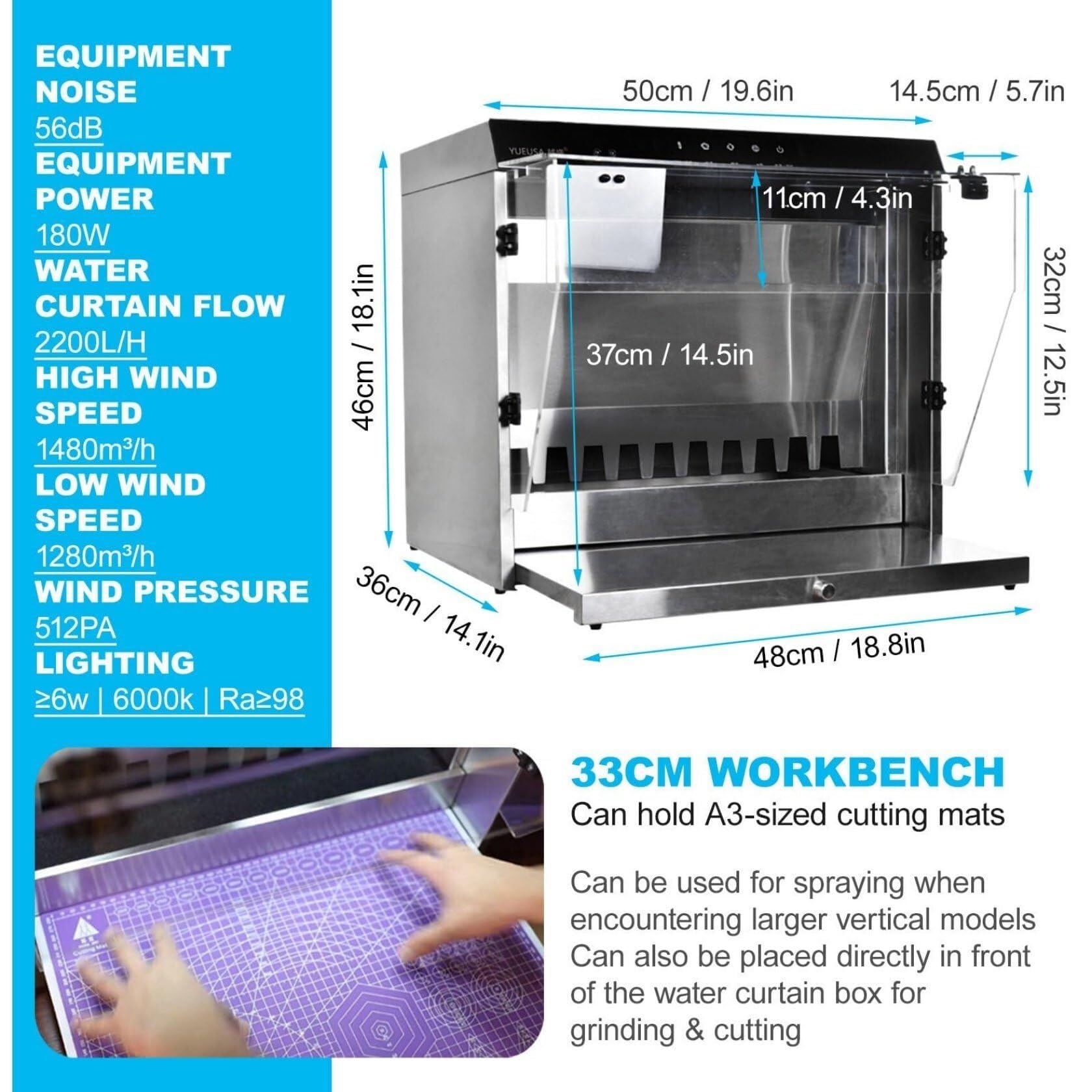 180W Wasserfall-Sprühkabine Intelligente Wasservorhang-Lackierkabine 2200 L/h Luftstrom 33cm Arbeitsfläche 3 LED-Leuchten Absauganlage Airbrush