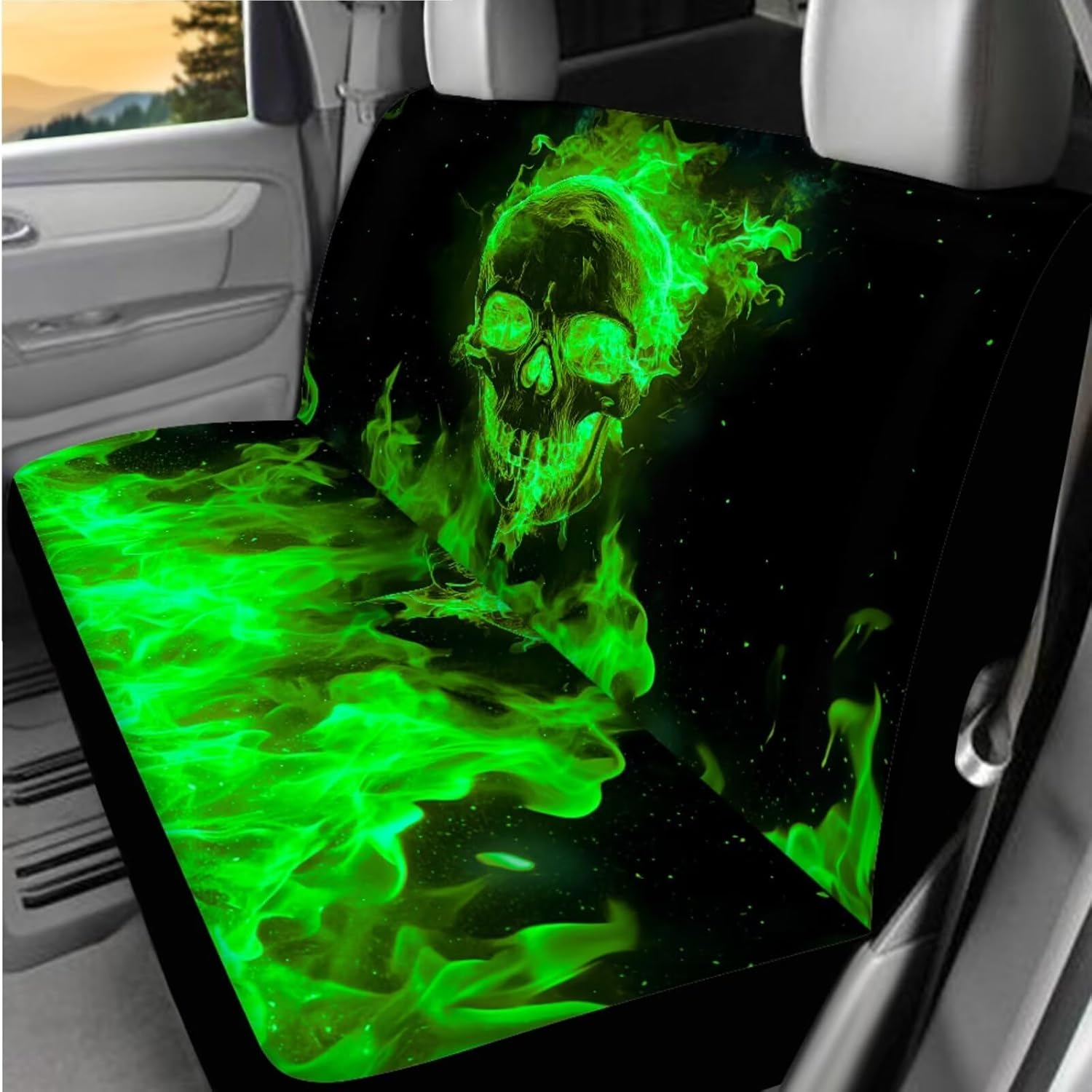 Green Flame Skull Car Interior Accessories Set of 8, Car Seat Covers with Auto Steering Wheel Cover, Center Console Pad, Seat Belt Covers, Automotive Decorations