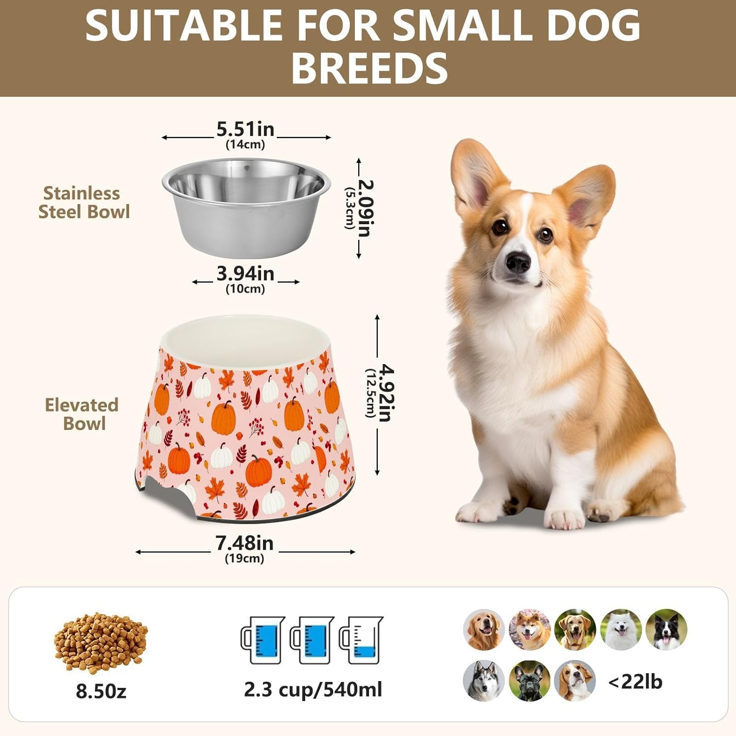 Pumpkin Maple Leaves Leaves Pet Bowl Elevated Dog Bowls with Stainless Steel, Raised Dog Bowl for Comfortable Feeding and Easy Cleaning, for Pets.23301075