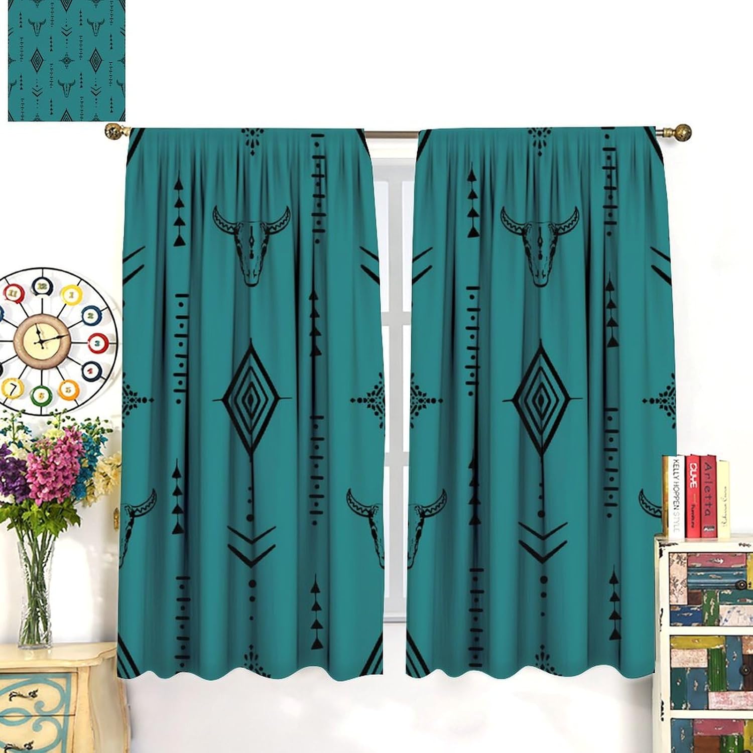 Western Cow Skull Blackout Curtains, Bull Skull Boho Aztec Native Trible Bohemian Geometric Window Drape, for Living Room Bedroom 21(W)*54(L) 2 Panels