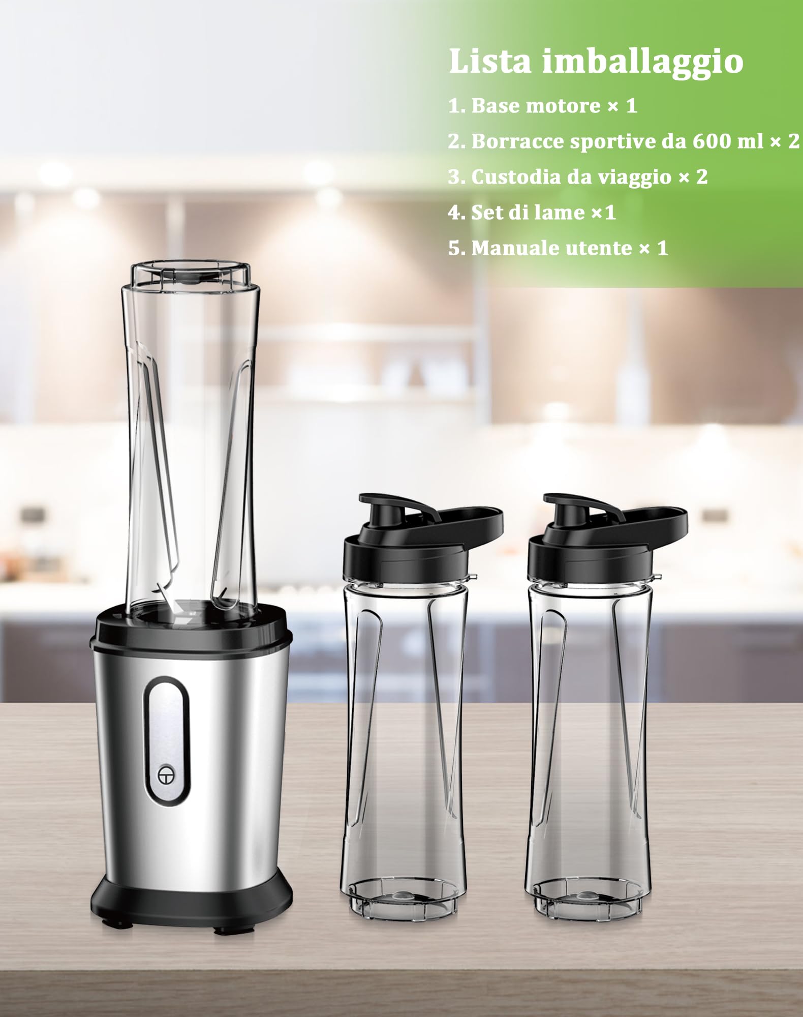 Frullatore, 500W Mini Portatile Frullatore Smoothie con 2 Bottiglie Portatili 600ml, Frullatore Tritatutto Multifunzione per Gelato, Frutta, Verdura (Argento E Nero)