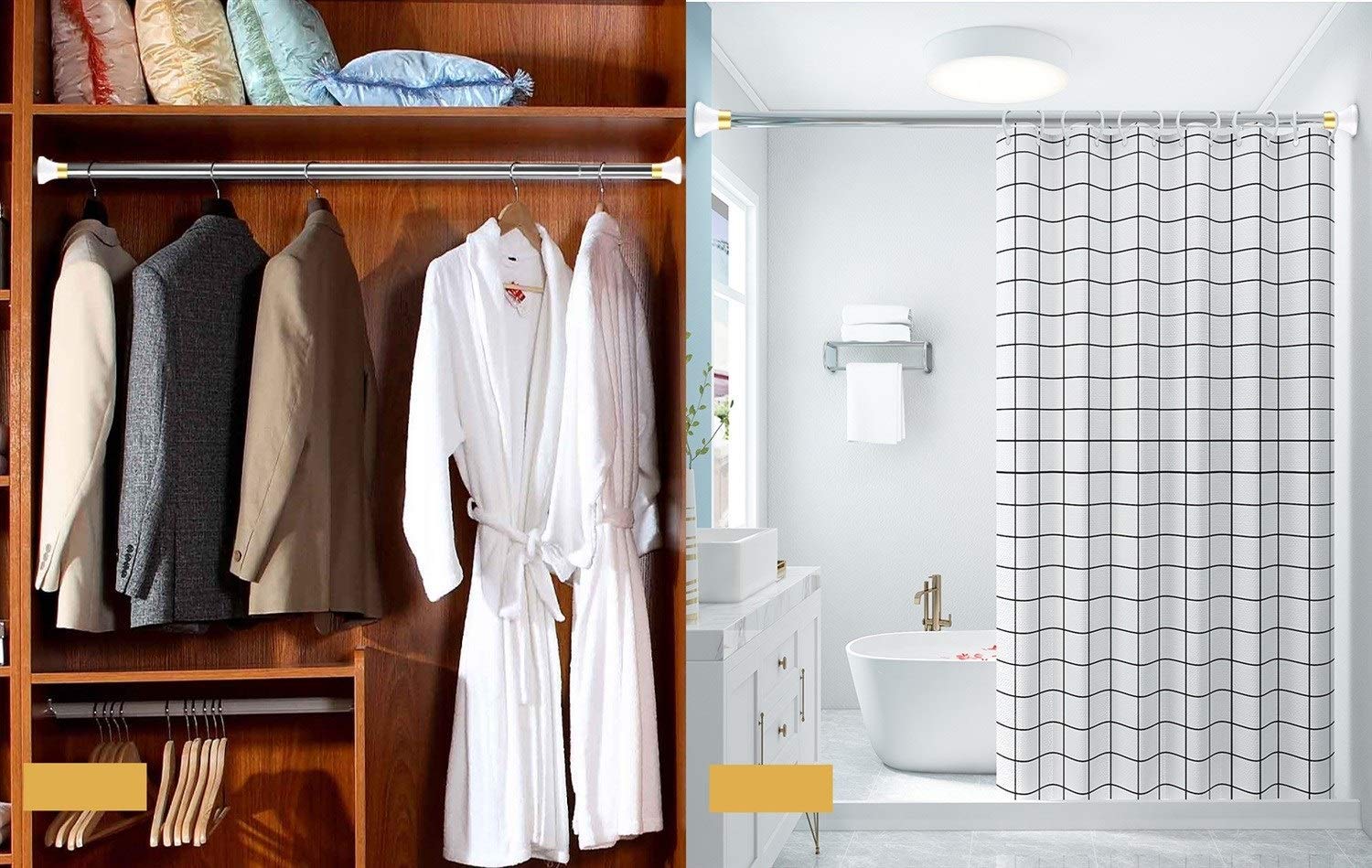 Tringle de Tension de Rideau de Douche sans perçage, Tige de Tension de Rideau de Douche Extensible, Barre de Suspension Robuste en Acier Inoxydable 304 avec Tige de Tension à Ressort, Tring