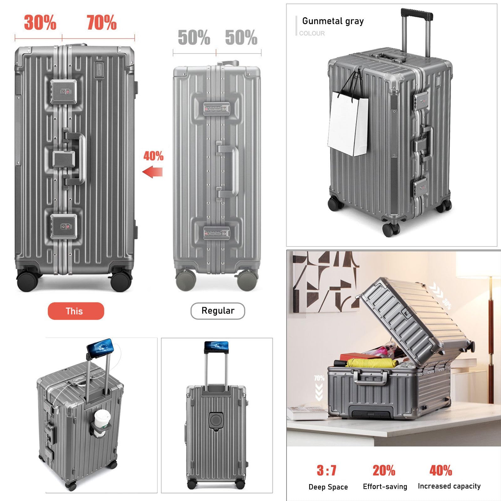 LEOVEN LS-0683 walizka podręczna, 3:7, duża pojemność, walizka podróżna z uchwytem na napoje, USB, twarda obudowa, kółka 360° z hamulcem i amortyzatorem, zamek calowy TSA