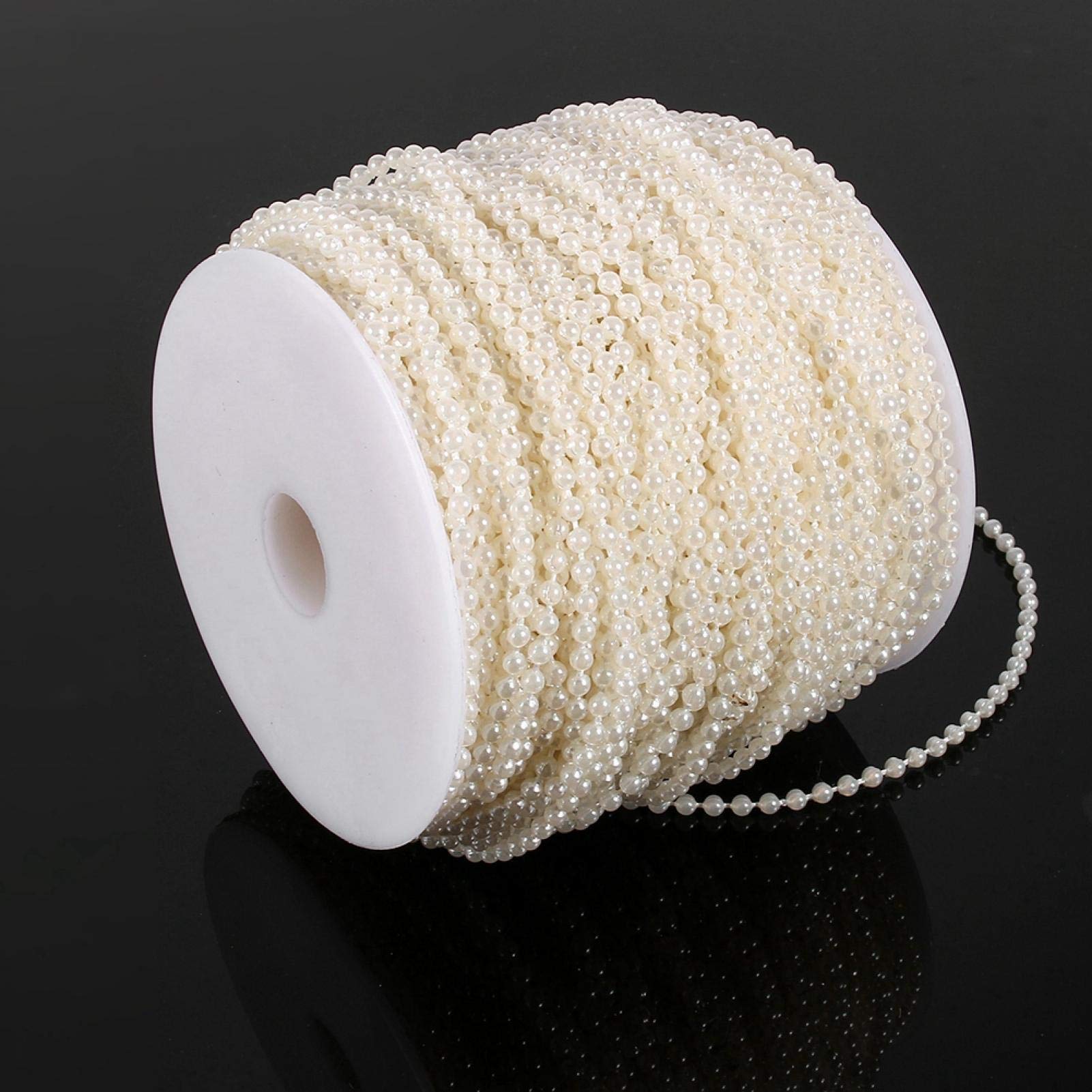 Pearls Bead Garland, 50M Roll 3mm Fishing Line Pearls String Beads Chain Garland Wedding Decoration Centerpieces Cake Decoration (Beige)