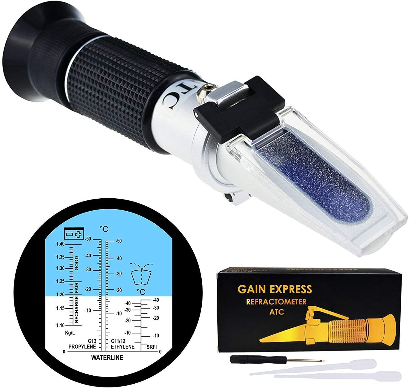 – GAIN EXPRESS 5-in-1 Automotive Battery Antifreeze Refractometer ATC for Specific Gravity, Windshield Screenwash Fluid, Freezing Point Measurement Tester Meter Coolant Condition