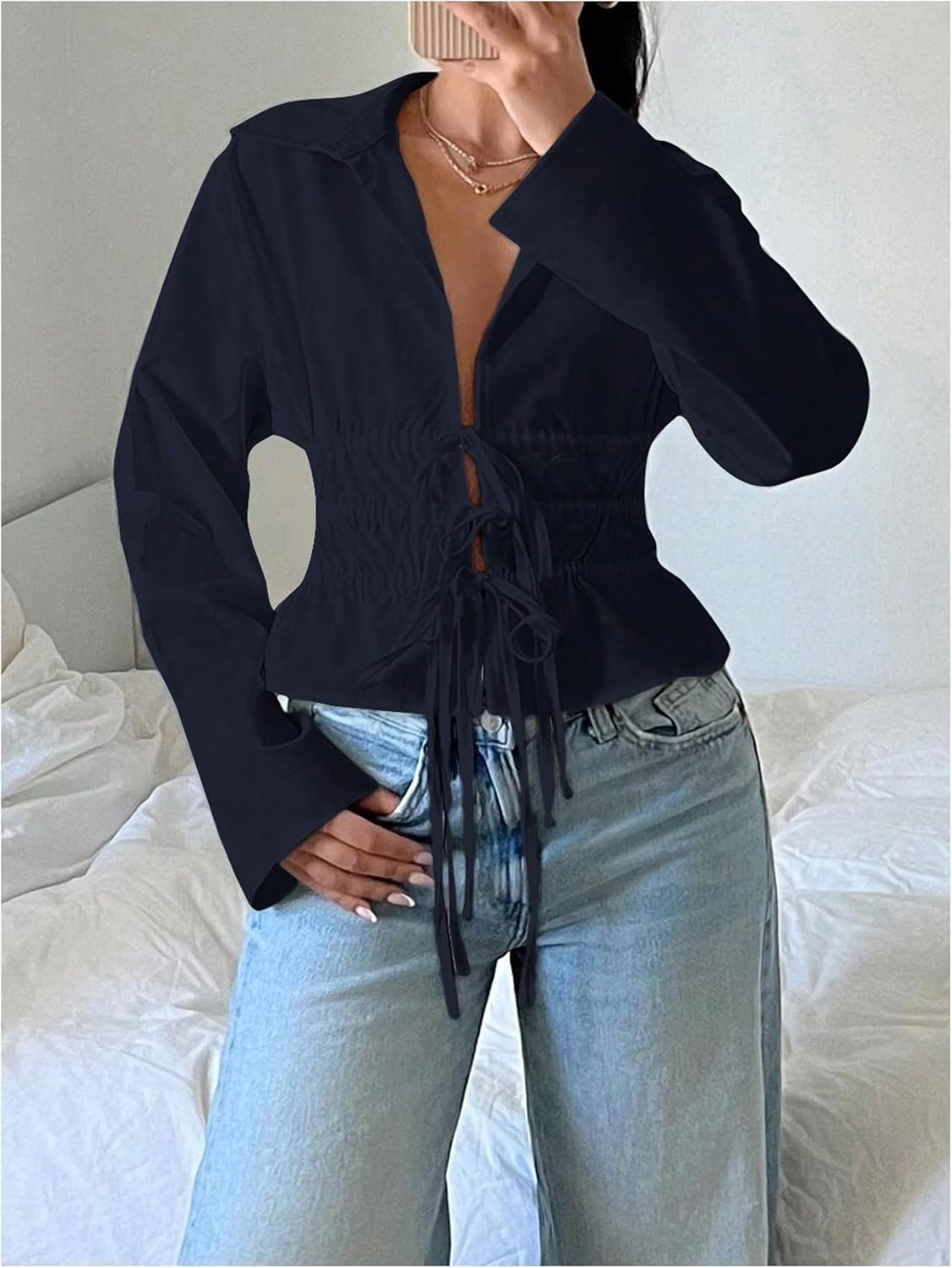 SHENHE Women's V Neck Tie Front Cinched Waist Drop Shoulder Long Sleeve Collared Blouse Top - Image 5