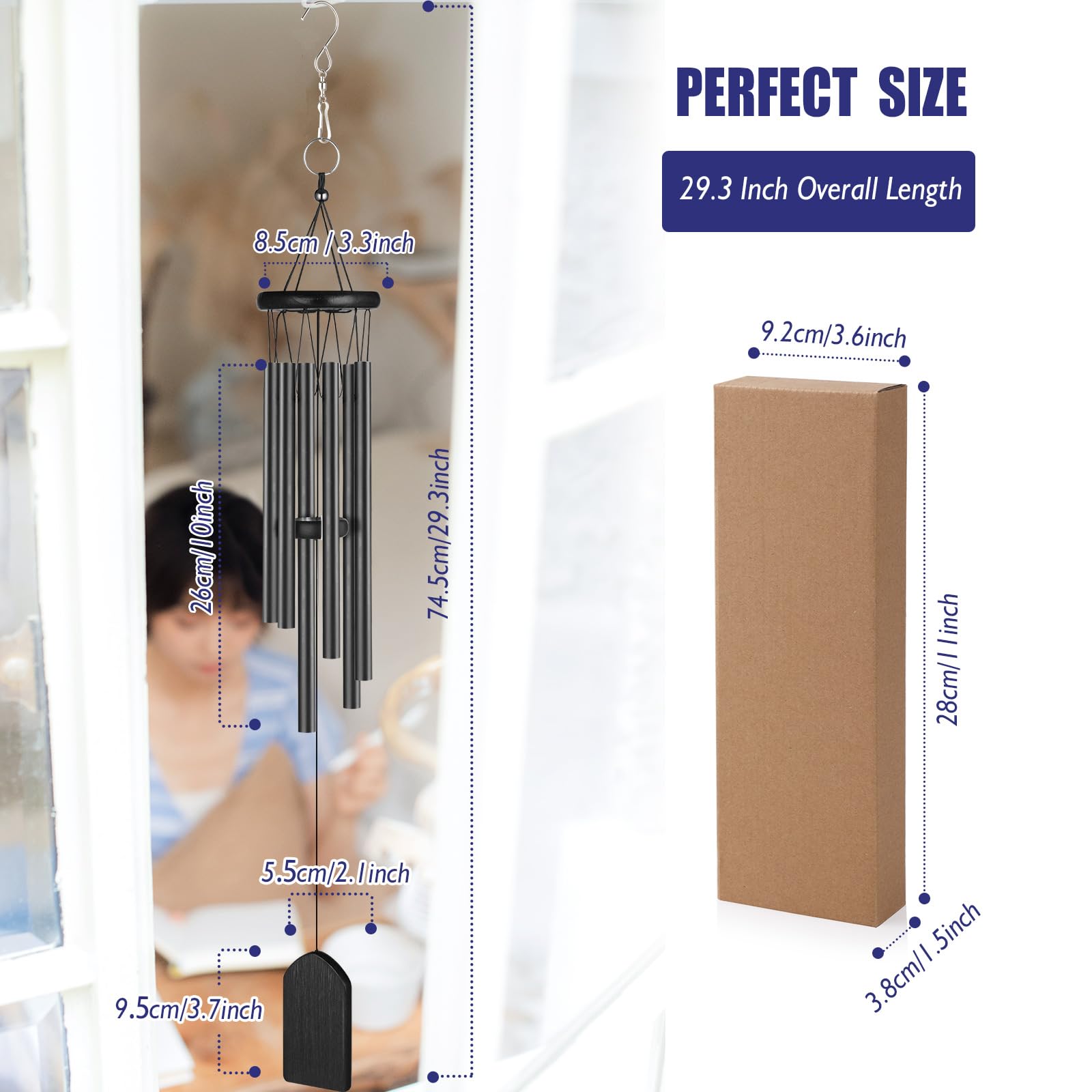 Windspiele für Draußen, 29 Inch 6 Aluminiumle Legierung Röhren Windspiele für Garten Heimdekoration Geschenke - Schwarz