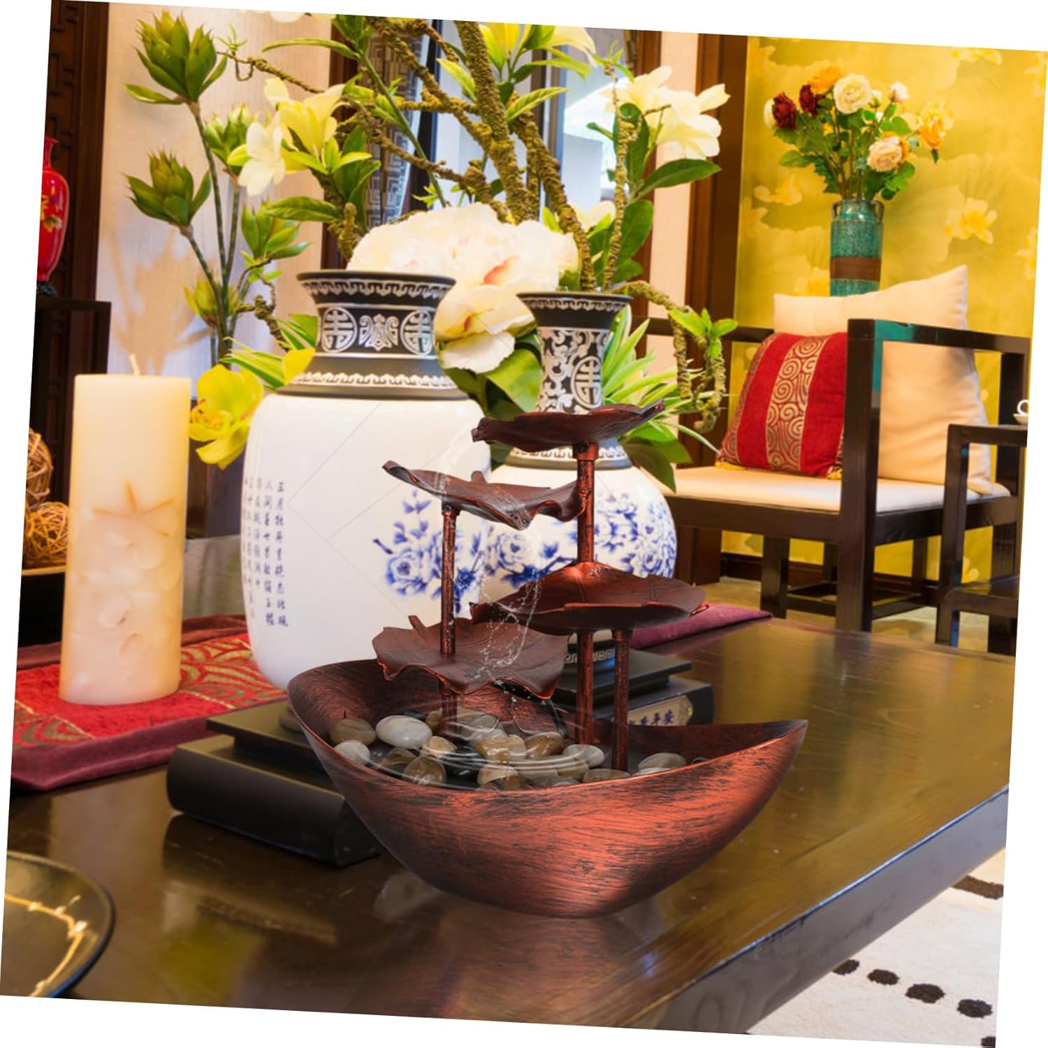 Luxshiny Waterfall Decor Tabletop Fountain Led Light Living Room Ornament Plastic Material Waterfall Fountain