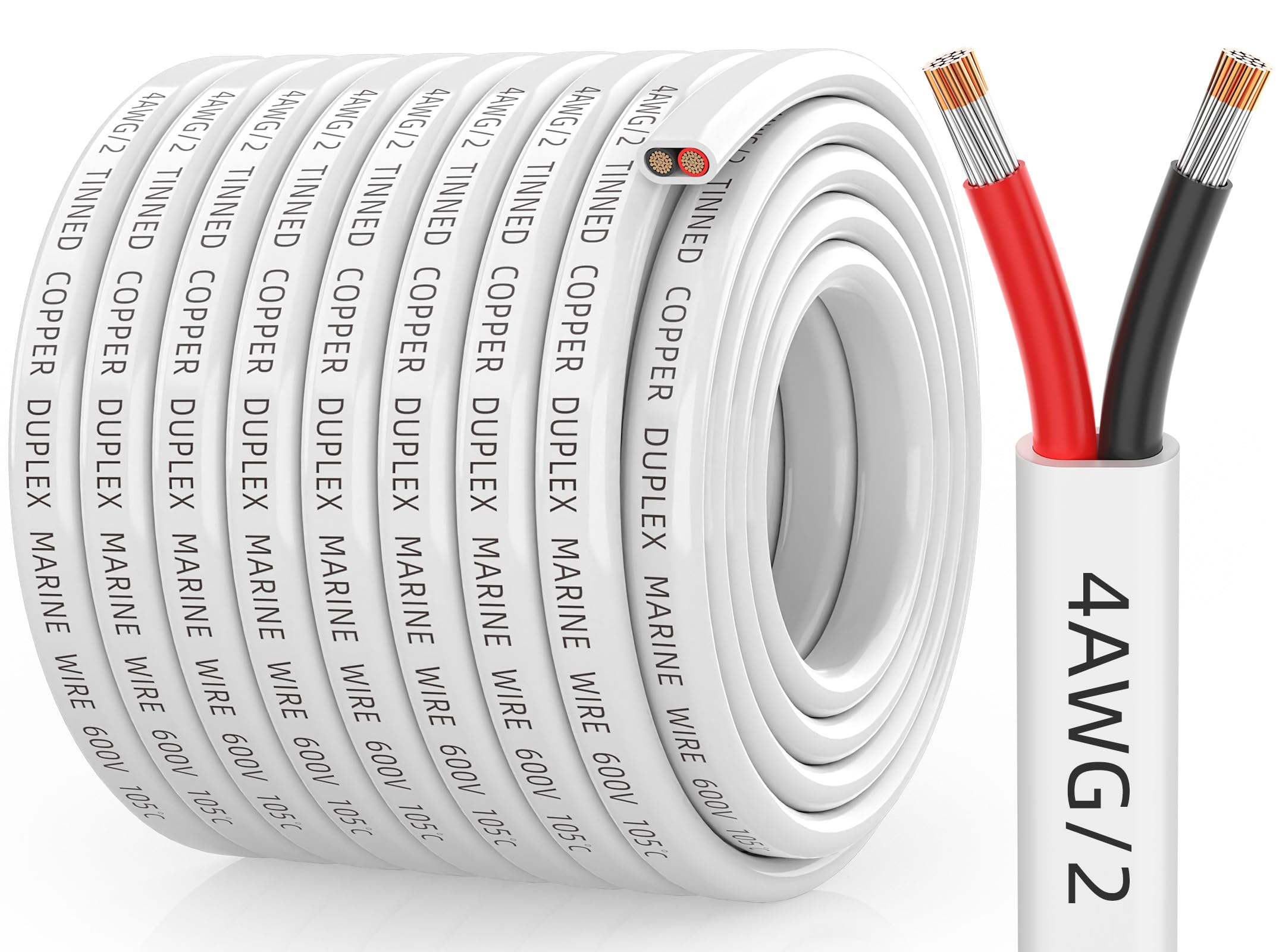 4 Gauge Marine Wire, 4/2 Duplex Tinned Copper Marine Grade Cable, IP68 Waterproof/Corrosion-Resistant PVC Stranded 4 AWG Wire for Boat, Automotive,