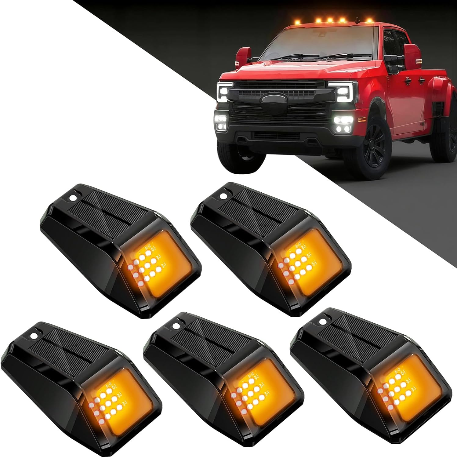 Solar Wireless No Drill Cab Lights for Truck Roof, IP67 Waterproof 5PCS, Solar-Powered Truck Cab Lights with Auto Sensor Luces para Techo de Carro (Amber)