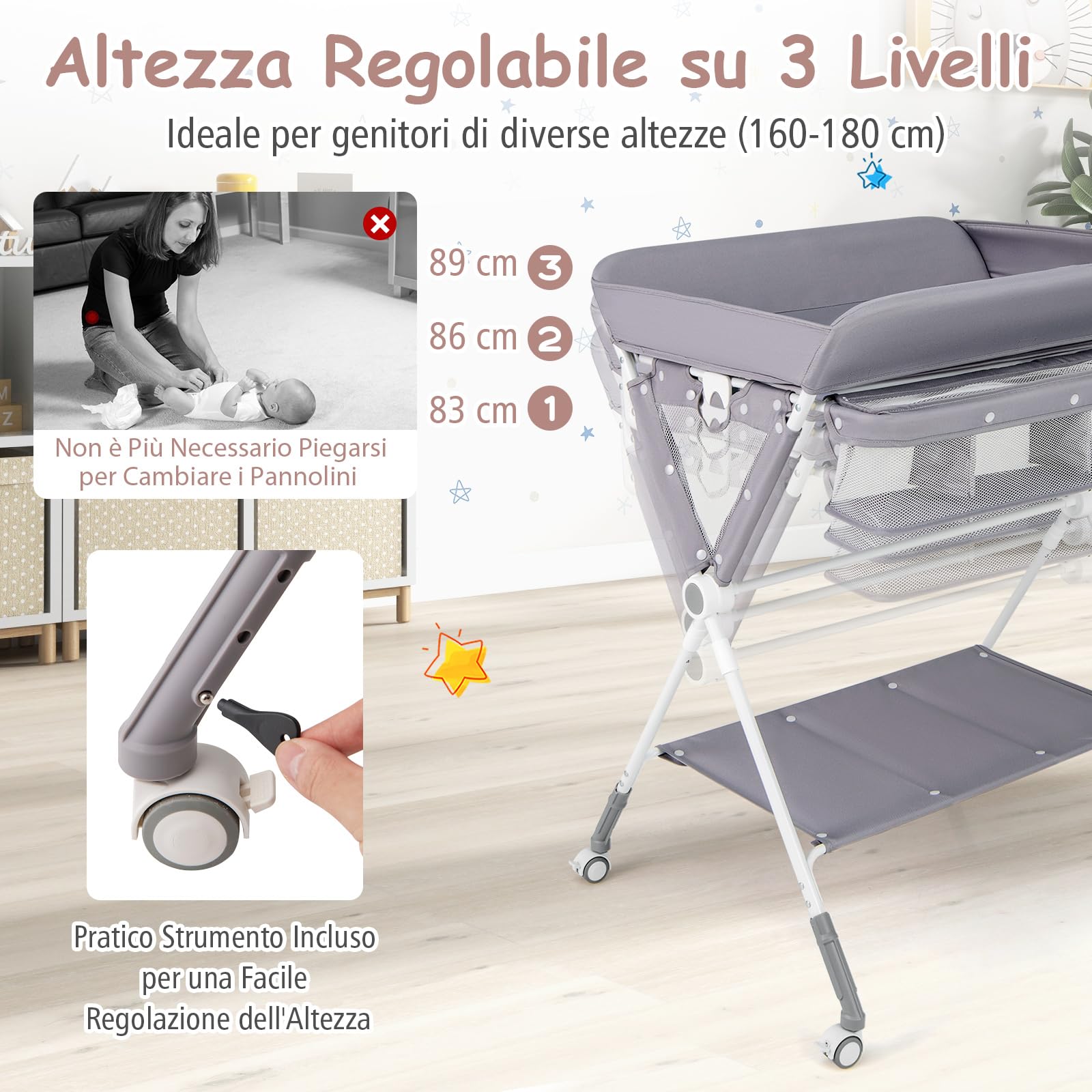 RELAX4LIFE Cambiador de Bebé Plegable con 4 Ruedas Giratorias con Frenos, 3 Alturas Ajustables, Cestas de Almacenamiento y Cinturón de Seguridad, Cambiador Bebe Mueble para Bebé 0-12 Meses (Gris)