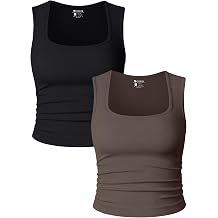OQQ Womens 2 Piece Crop Tops Rueched Sleeveless Square Neck Stretch Basic Tank Shirts