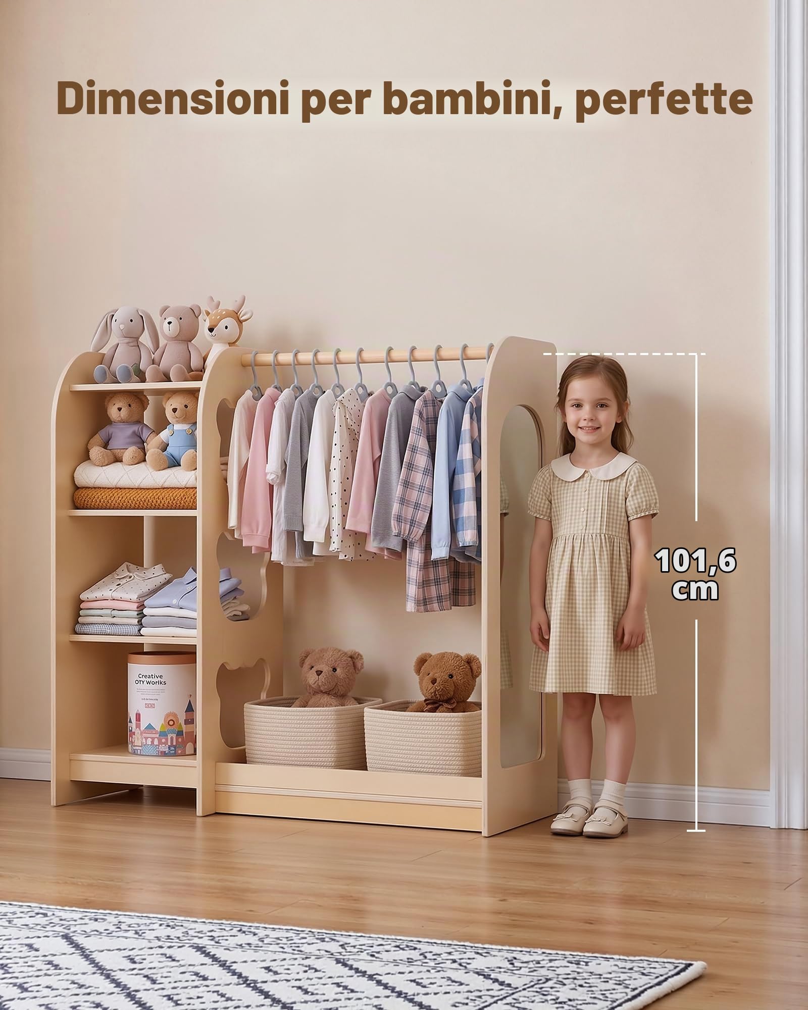 VEVOR Armadio per Bambini con Specchio, Guardaroba Appendiabiti in Materiale Legno, Mobile Contenitore per Cameretta Stanza dei Giochi Camera da Letto Giocattoli Travestimenti Organizzazione Vestiti