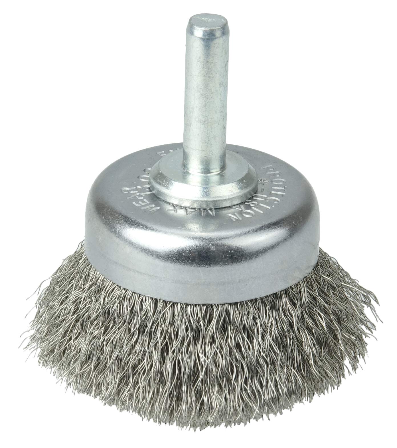 Weiler 14303 Cepillo de vaso de alambre engarzado de 1-3/4 pulgadas, relleno de acero inoxidable de 0.6 pulgadas, vástago de 0.6 pulgadas.