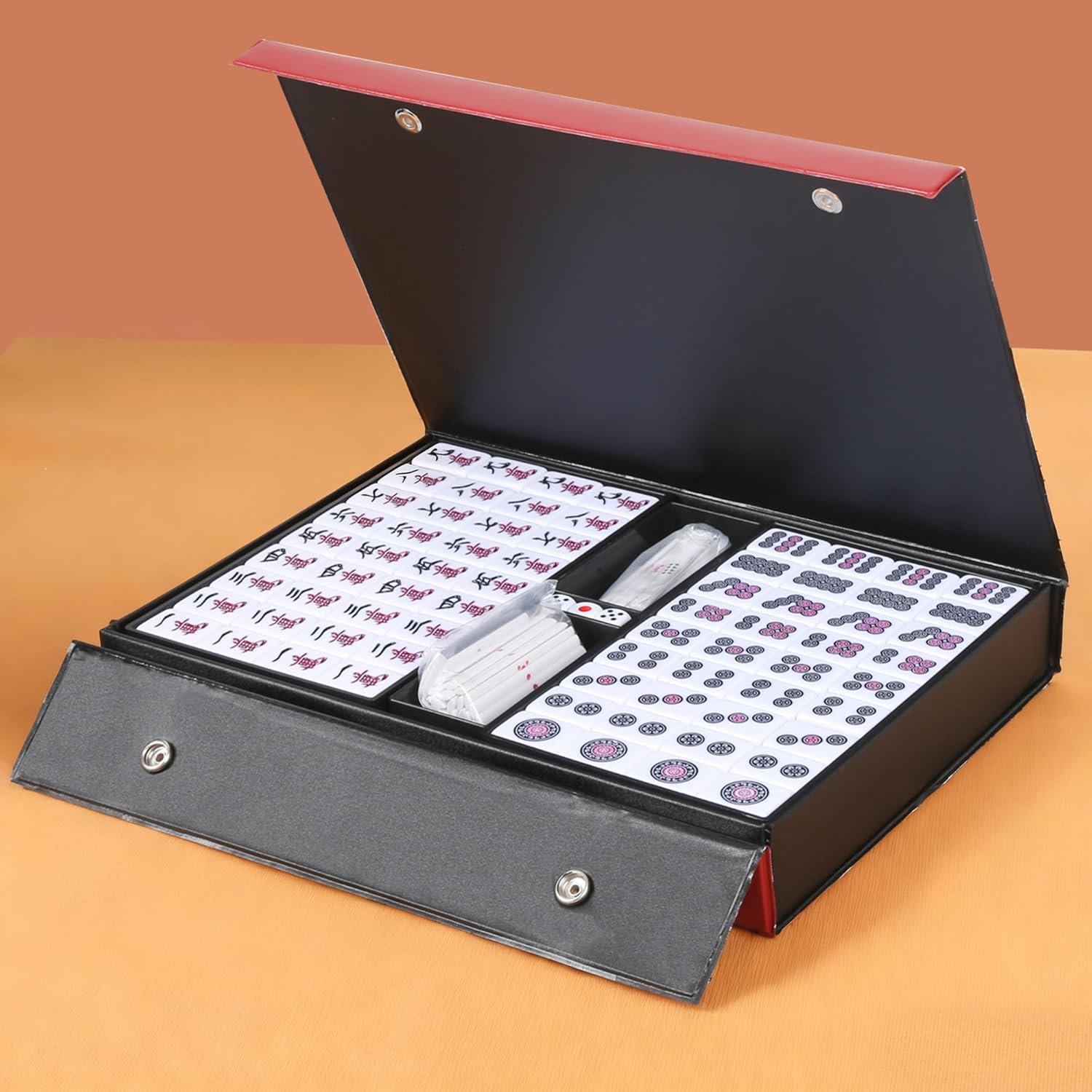 Japanese Riichi Mahjong Set, White and Yellow Tiles - with Red Box, East Wind Tile, Set of Scoring Sticks, Dices, and Mahjong mat.