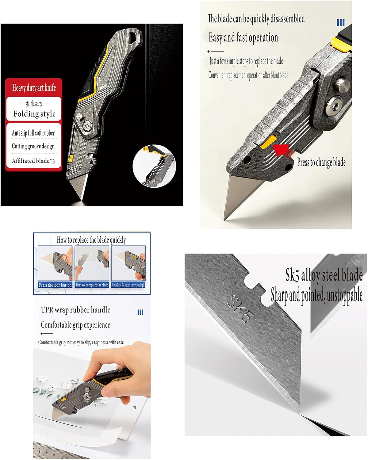 Folding Utility Pocket Knife，Box Cutter,Multi-Tool Carpet Knife Cardboard Foam Tool Cutter Three Additional Sk5 Blades, Quick Change Blades, And Safety Lock Design Are Stored In The Handle