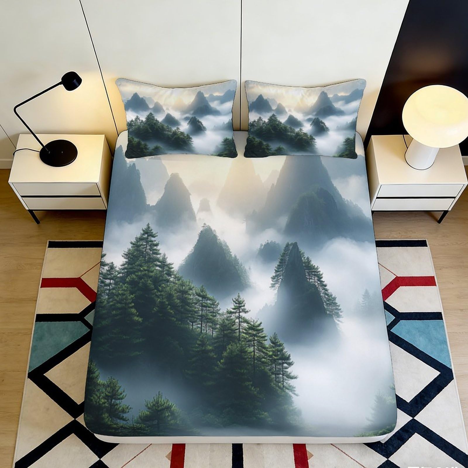 3D Printed Misty Mountain Forest Fitted Sheet Microfiber Soft Breathable Pine Landscape Mattress Cover for Bedroom Guest Room Decor 140x200x25cm