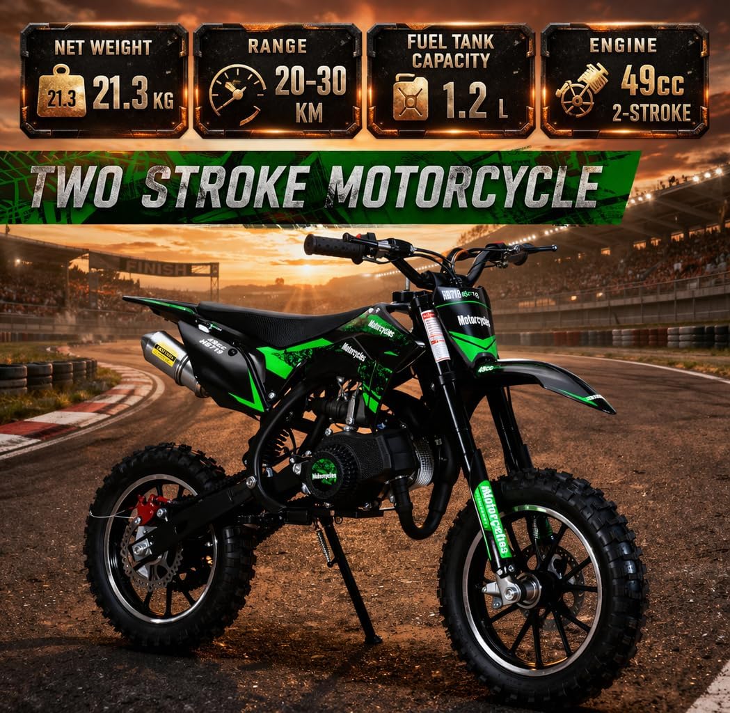 50cc 2-Stroke Kids Dirt Bike,Gas Powered Motorcycle for Kids with Off-Rode Tire, Front Rear Disc Brakes Motocross,Up to 25 Mph,Shock Absorption Pocket Motorbike (Green)