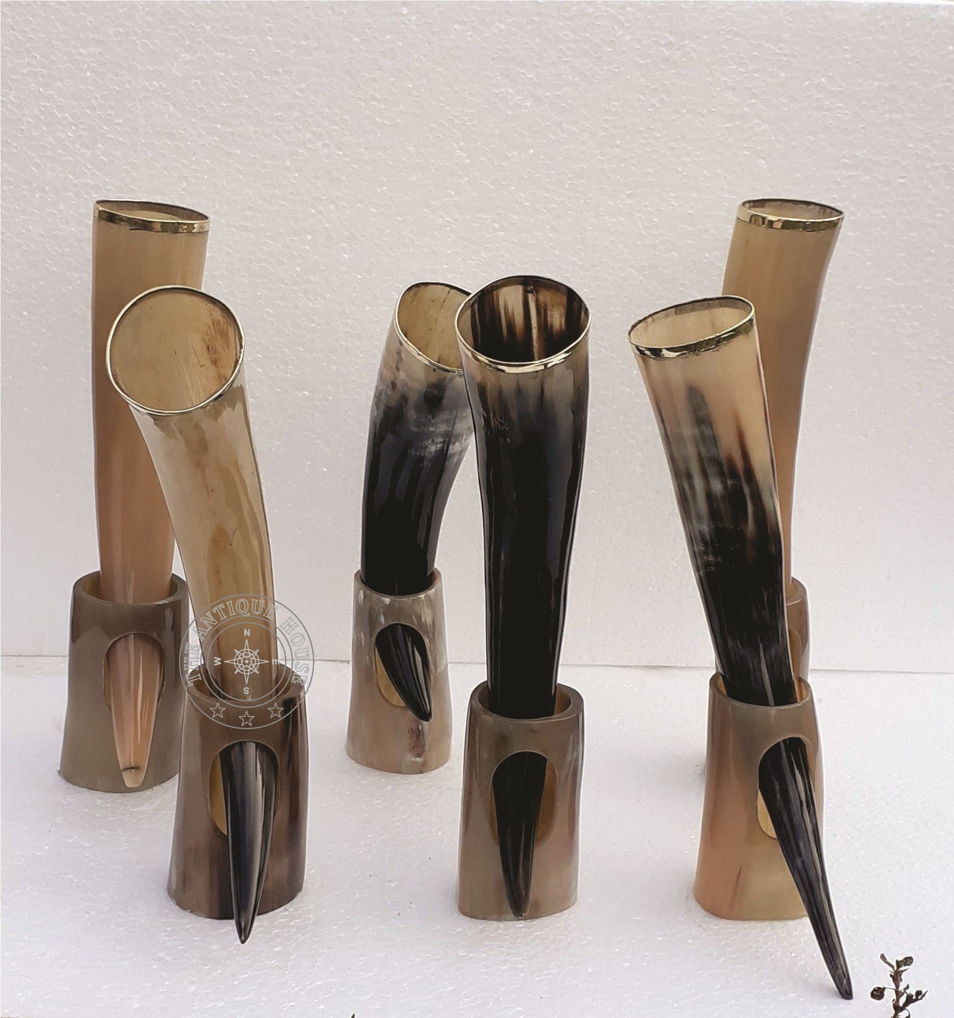 THE ANTIQUE HOUSE Lot de 6 tasses en corne de bœuf avec support style viking - Cadeau de Noël