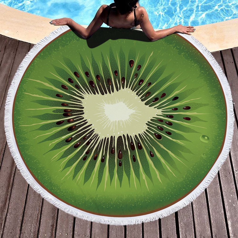 Oversize Fruit Round Beach Towel with Tassel Multi-Purpose Yoga Mat Kids Crawl Pads Towel Blanket Microfiber Circle Large Towel for Adults Teens - 59" (Kiwi)