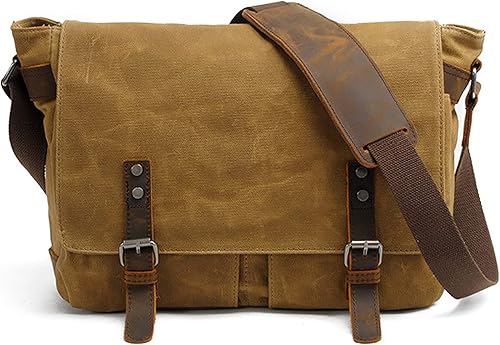 HuaChen Mens Messenger Bag, Vintage Genuine Leather Waxed Canvas Shoulder Bag for 14" Laptop,Rugged Briefcase Satchel