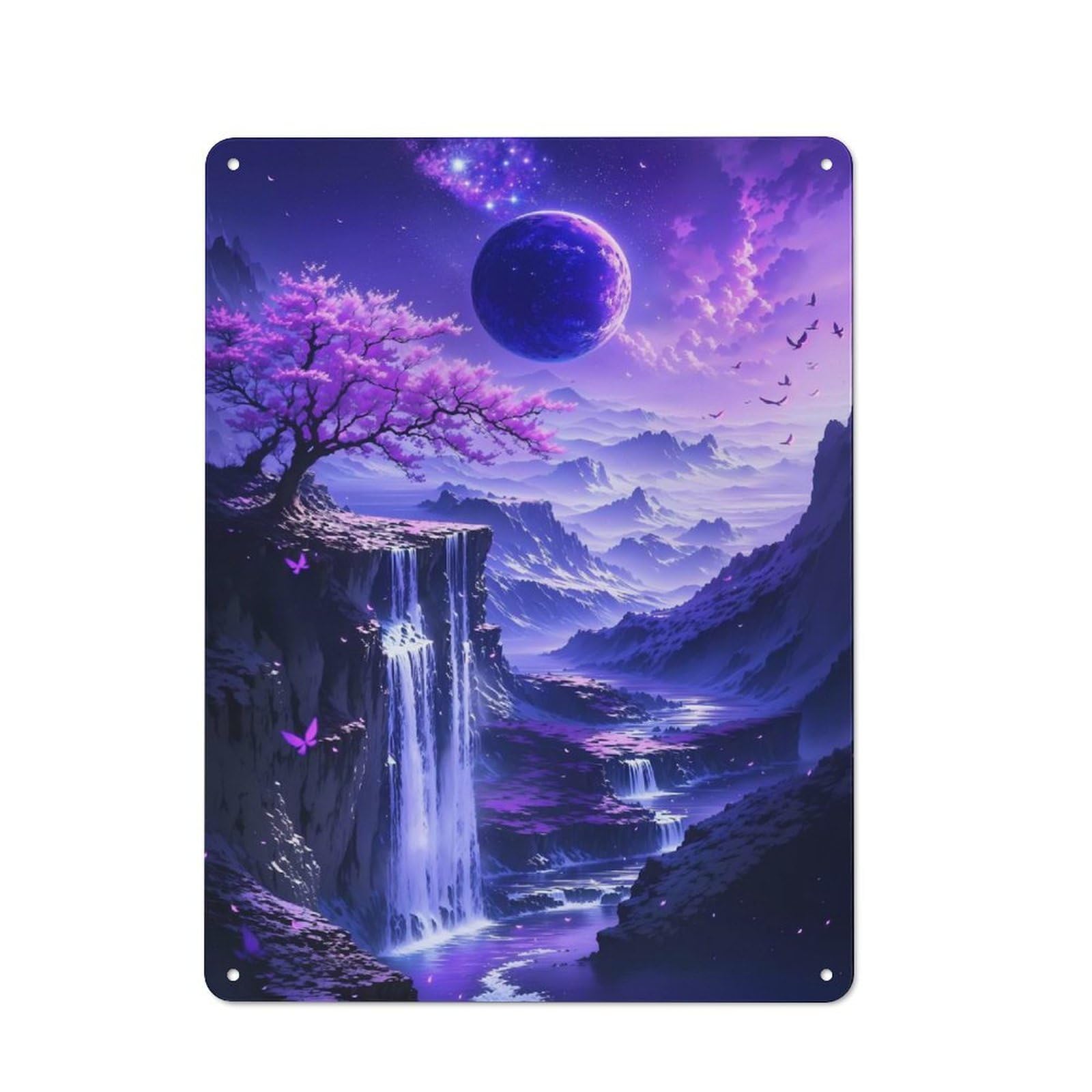 Junmoney Style-12 Purple Cherry Blossom Fantasy Tin Wall Plaque 40X30cm, Rustic Cottage Wall Art For Dining Room, Cafe, Entryway Or Family Room